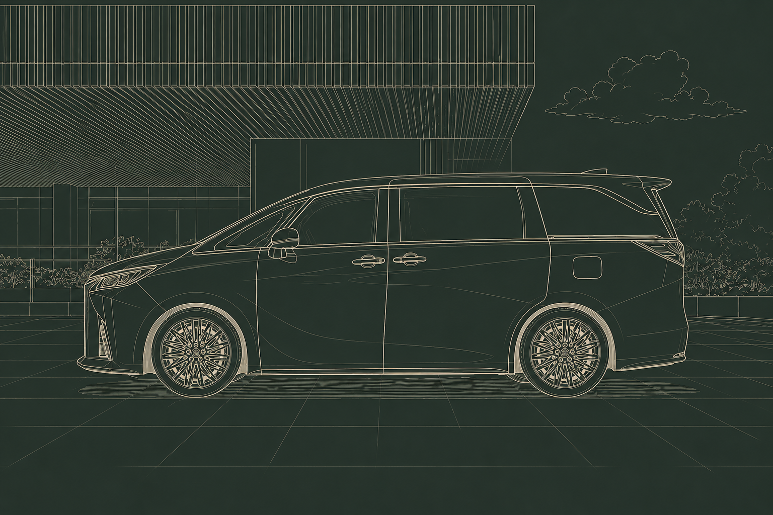 Outline drawing of a modern station wagon car parked in front of a building with trees in the background.