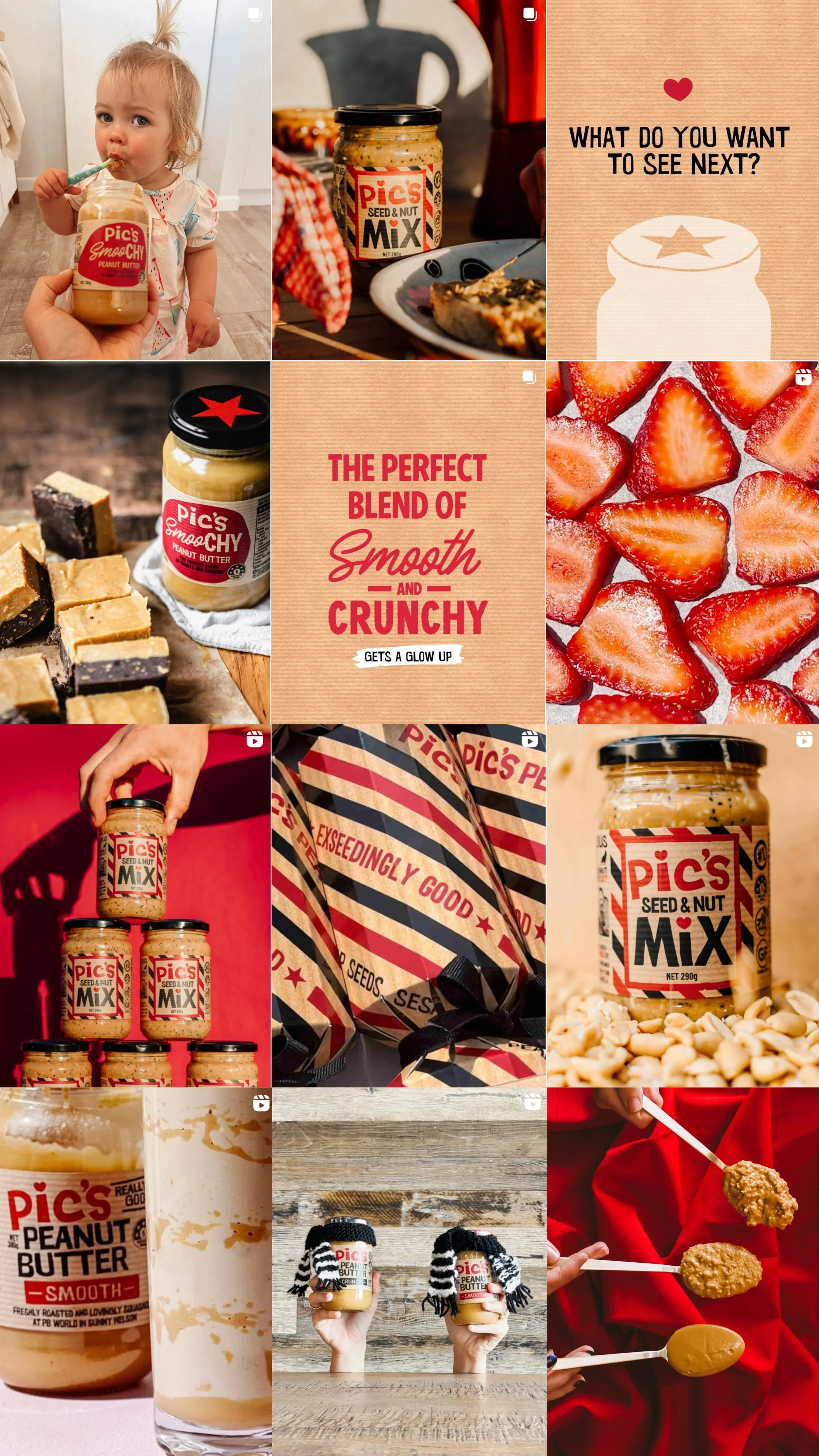 Social media management for Pic's Peanut Butter, including content creation and curation of the brand's Instagram grid.