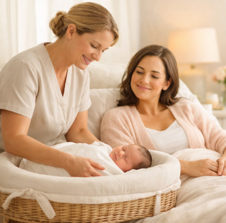 A nurse helping a woman with her newborn baby in a cozy, well-lit room.