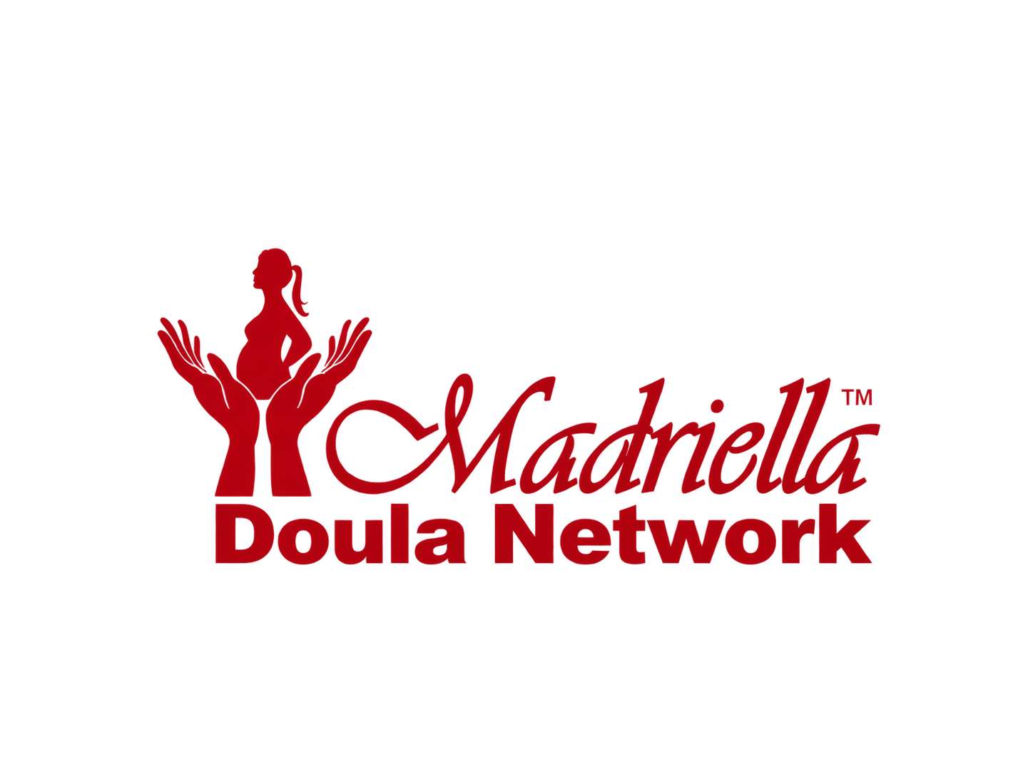 Red logo for Maddilla Doula Network featuring a silhouette of a woman cradled in hands with the text 'Maddilla Doula Network'.