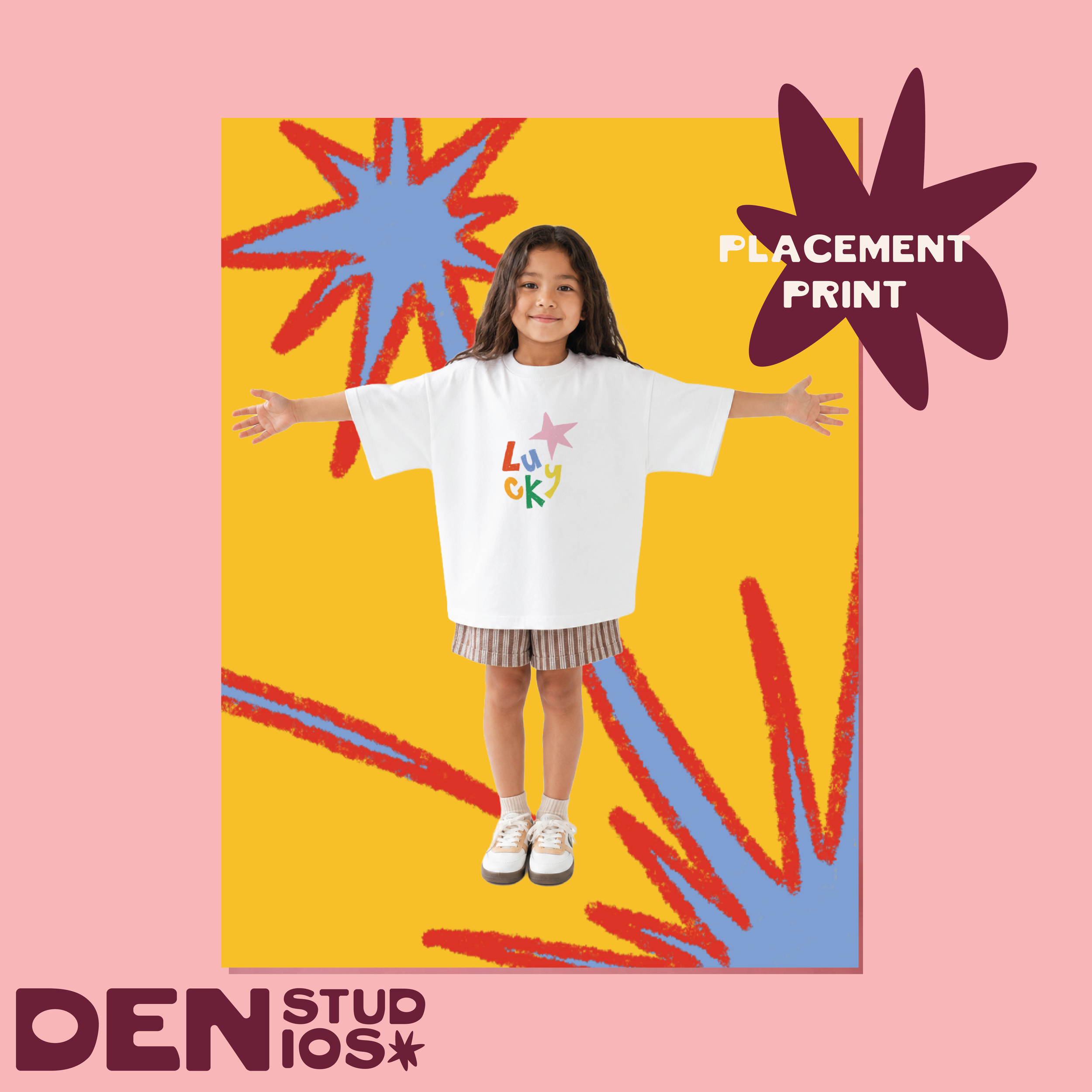 Lucky Star Ready Edit placement on kids oversized tee in confetti — Den Studios surface pattern design