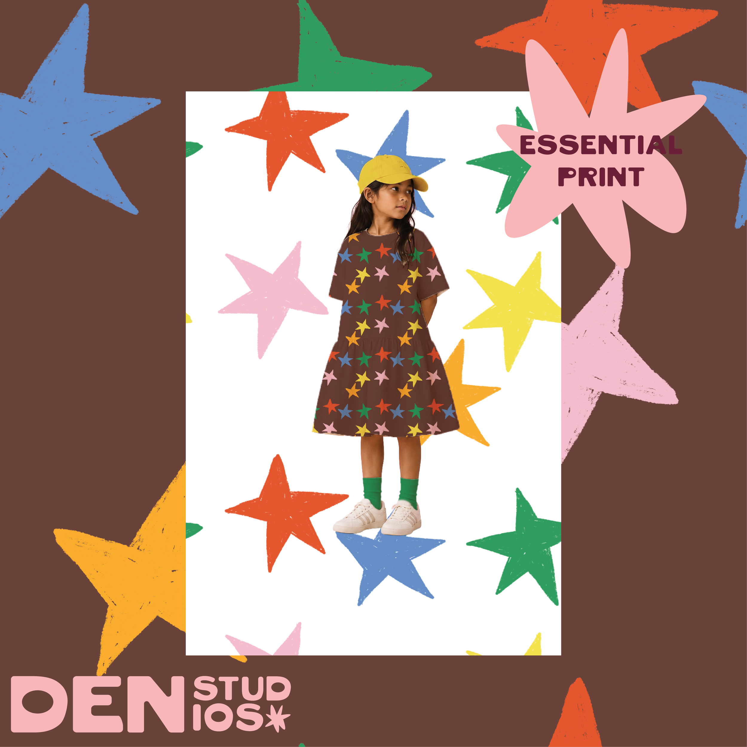 Lucky Star Ready Edit Repeating Yardage Pattern on kids dress in confetti — Den Studios surface pattern design
