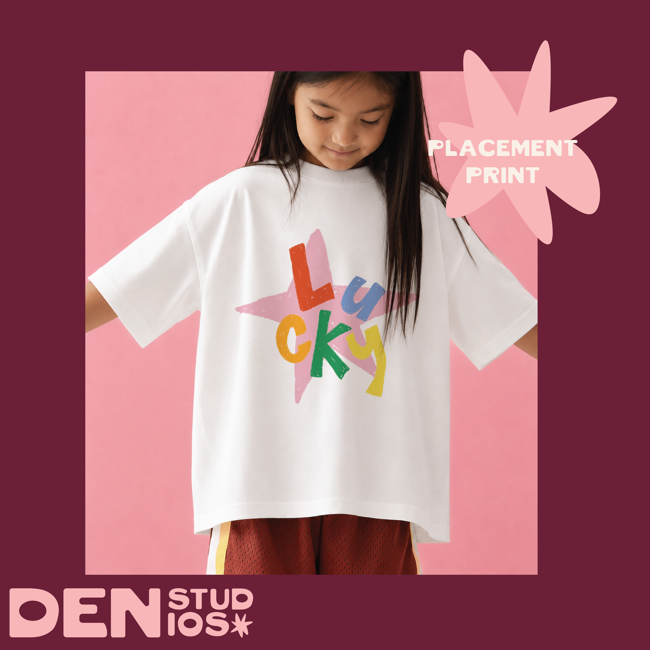 Lucky Star Ready Edit placement on kids oversized tee in confetti — Den Studios surface pattern design