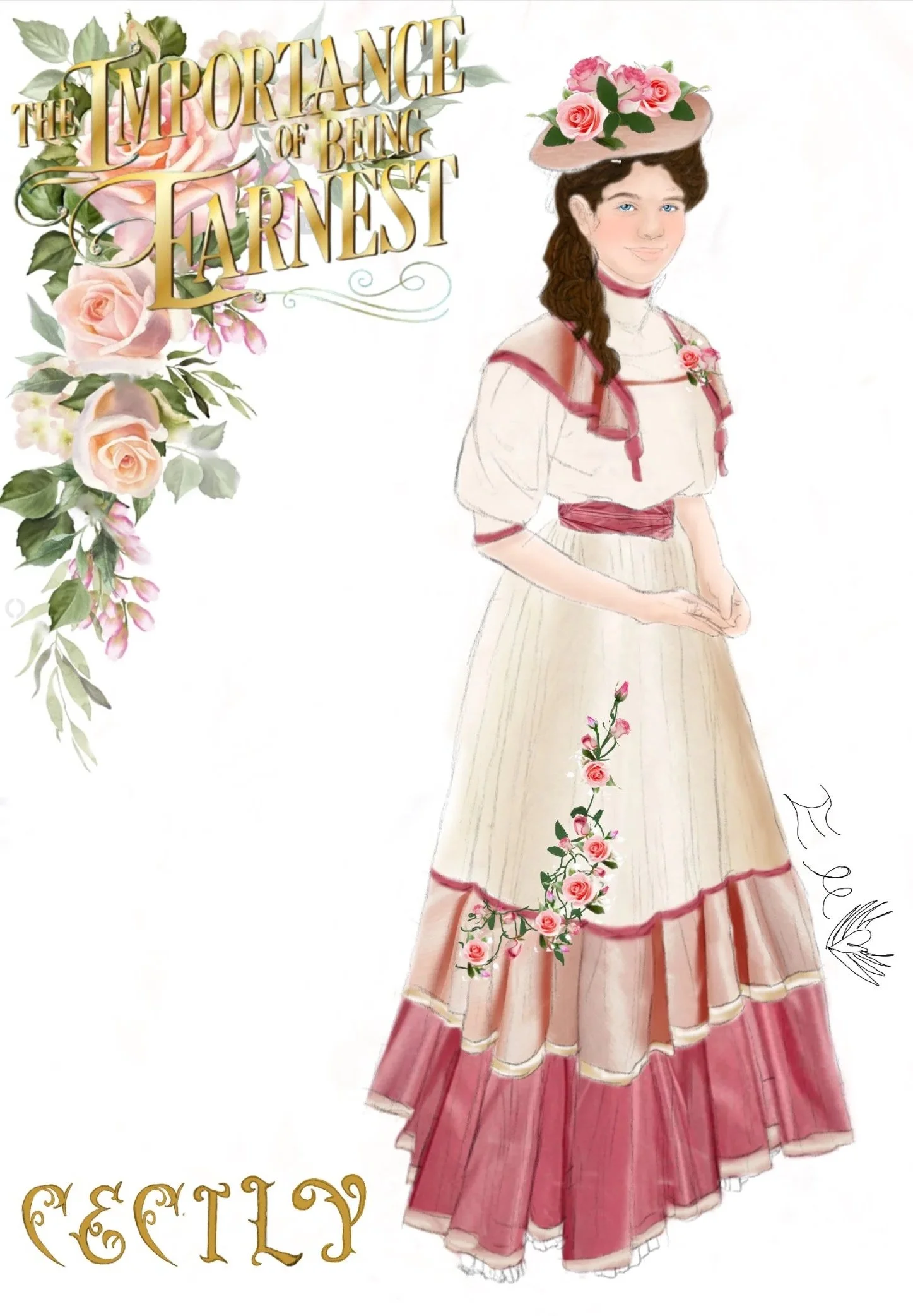 Illustration of a young girl in a vintage dress with floral accents, wearing a wide-brimmed hat adorned with flowers, with the quote 'The importance of being earnest' in a floral design, and the author's name 'Cecil' at the bottom.