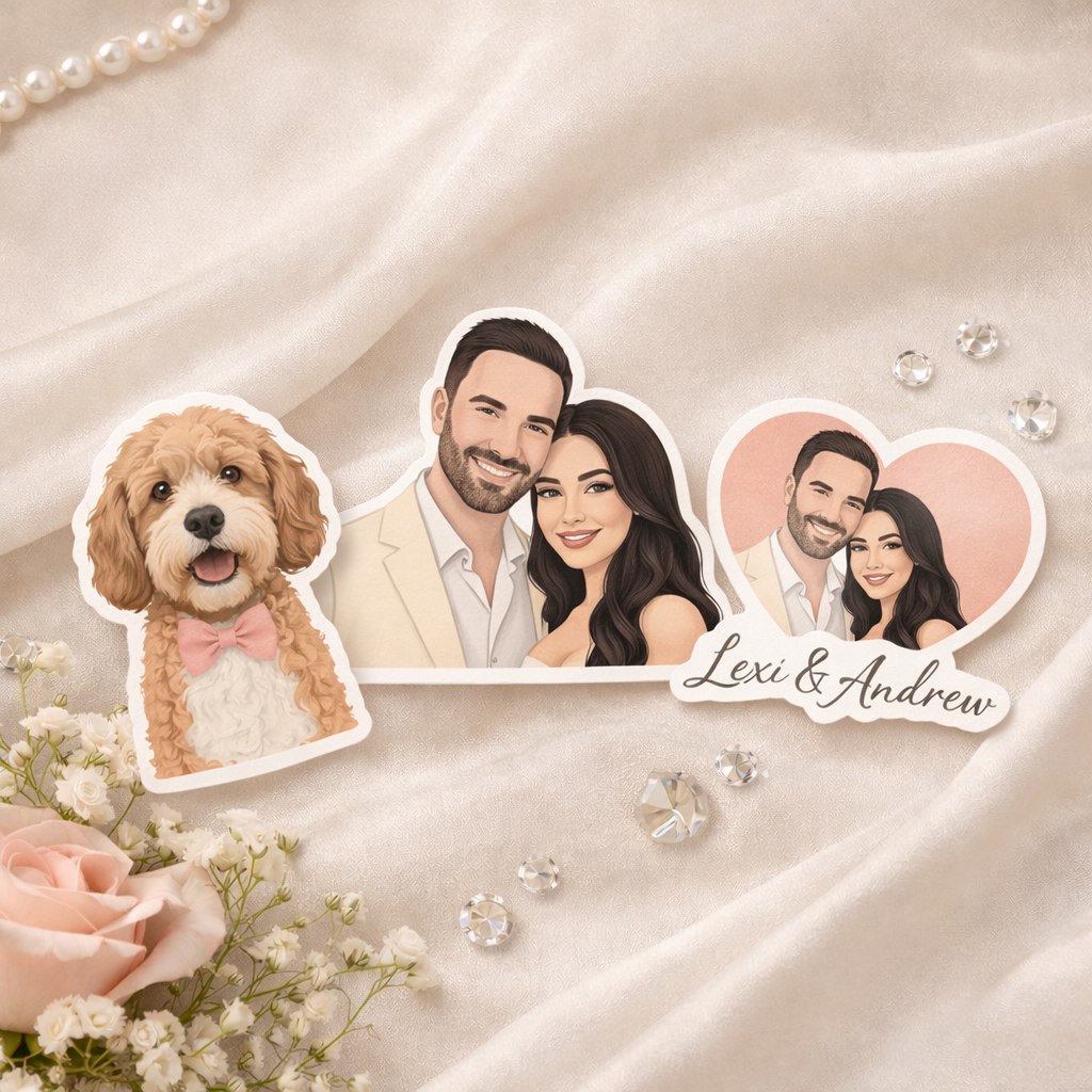 Sticker with a smiling man and woman, a dog with a pink bow tie, and a heart-shaped sticker with the same couple's photo and the names Lexi & Andrew, decorated on a satin fabric with flowers and rhinestones.