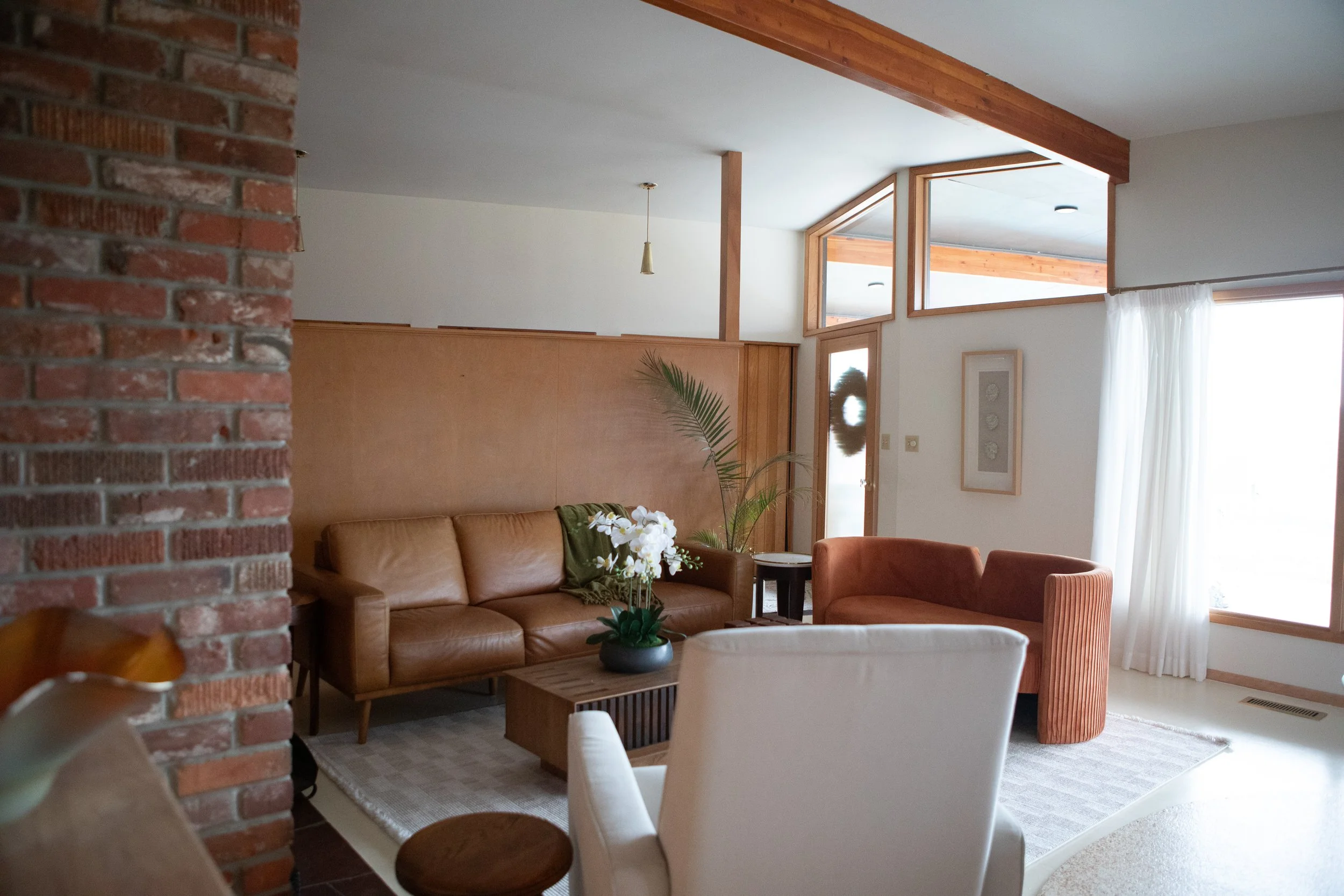 Mid-century home details, Brick, Wood beams, Partitioned Birch Wall.