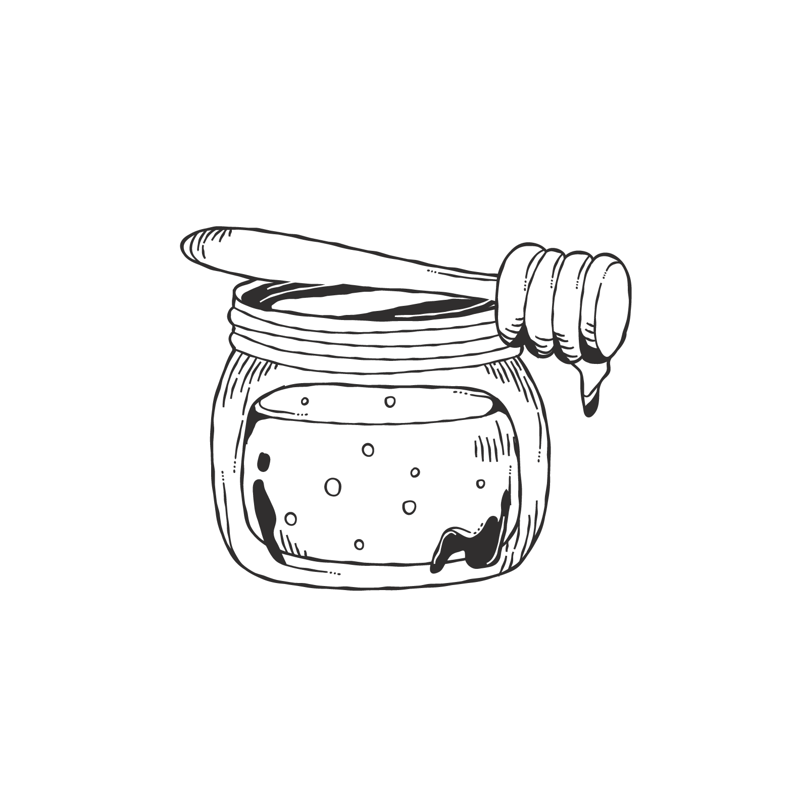 Black and white sketch of a jar with honey and a honey dipper resting on top of it.