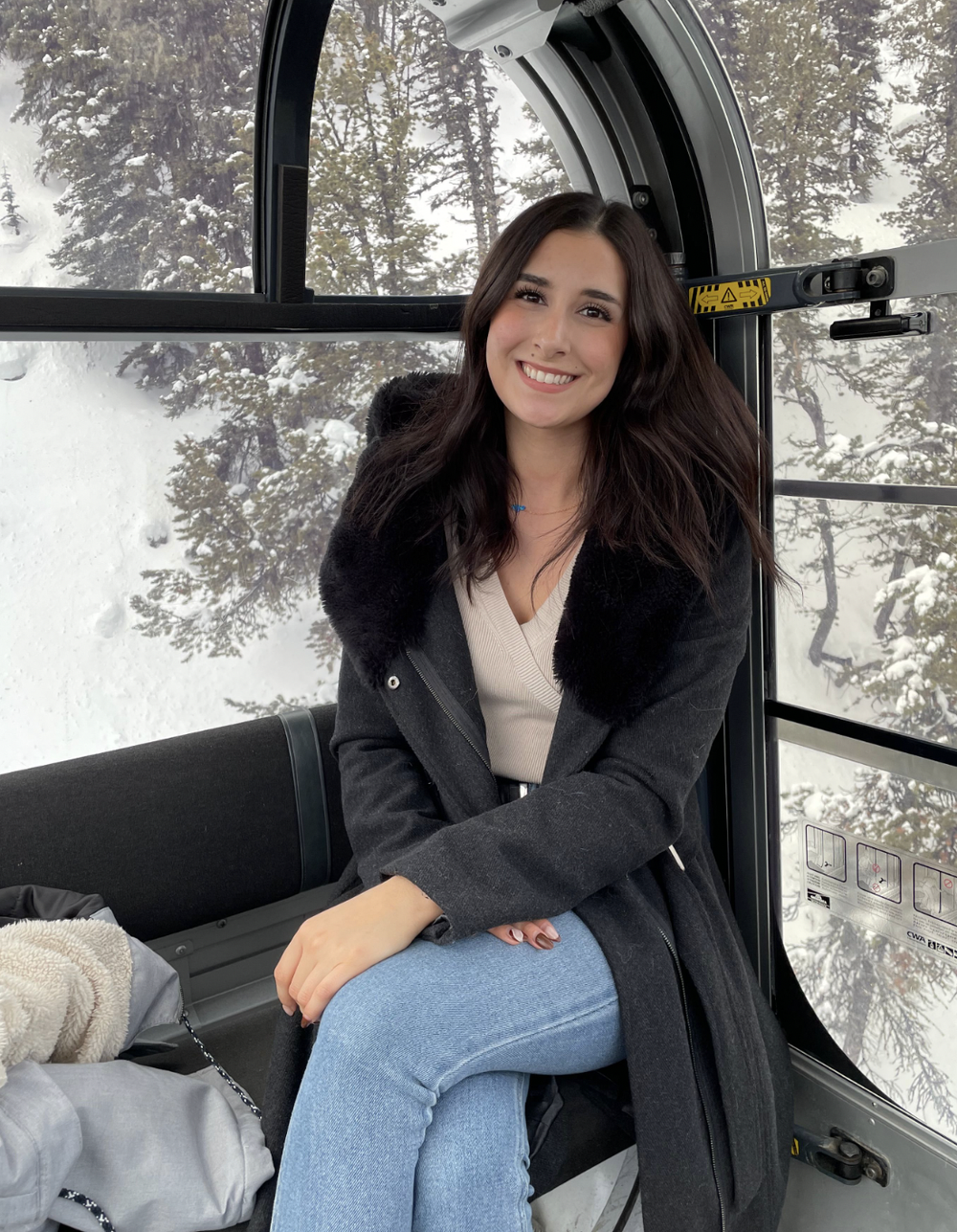 A young woman with long dark hair, smiling, is seated inside a gondola or cable car with snow-covered trees visible outside the large window.
