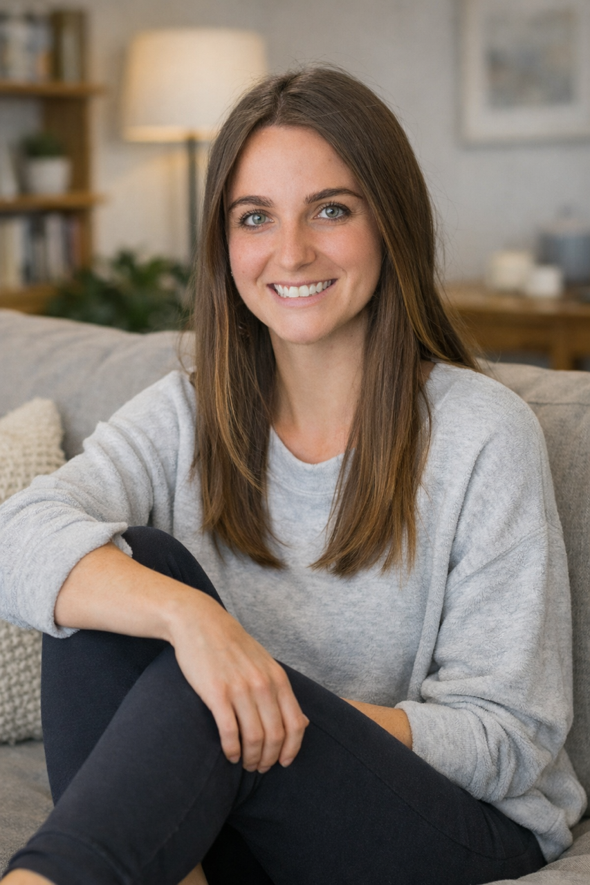 A young woman with brown hair and blue eyes sitting on a sofa, smiling at the camera, in a cozy living room with a bookshelf and lamp in the background.