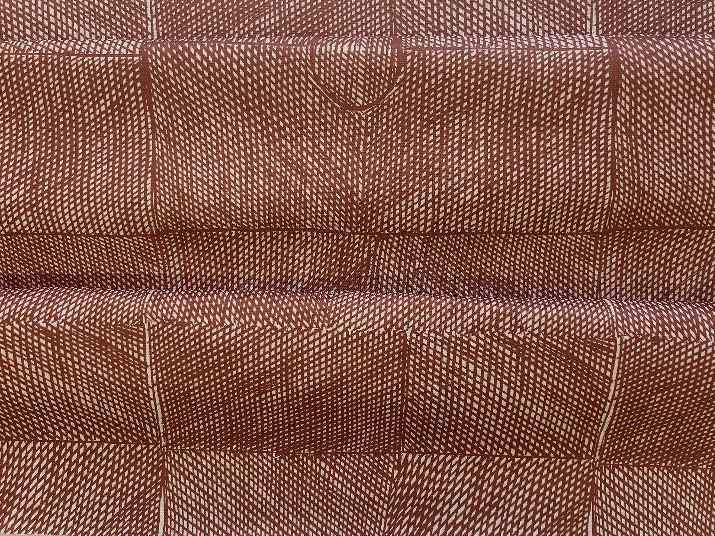 Willie Weston Wak Wak ‘Earth' design for upholstery, featuring a contemporary Aboriginal artwork by First Nations artist Susan Marawarr from Maningrida, NT.