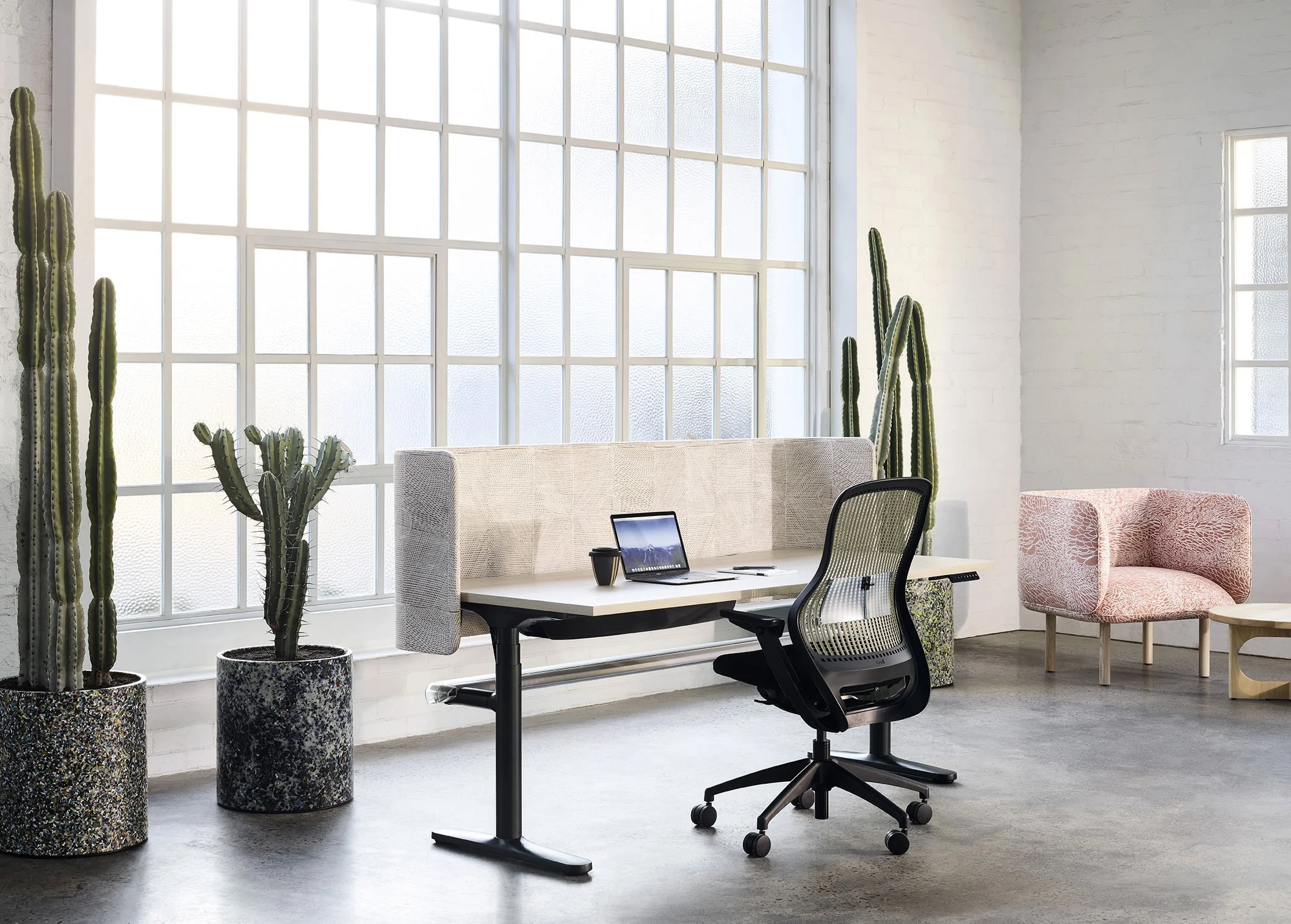 Workstation screen upholstered in Willie Weston Wak Wak ‘Mud Flats' design, a contemporary Aboriginal artwork by First Nations artist Susan Marawarr from Maningrida, NT.