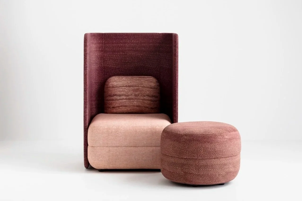 Booth seat upholstered in Willie Weston designs including Durrmu (LB) 'Geo', a delicately patterned contemporary Aboriginal artwork by First Nations artist Leanne Black from Peppimenarti, NT.