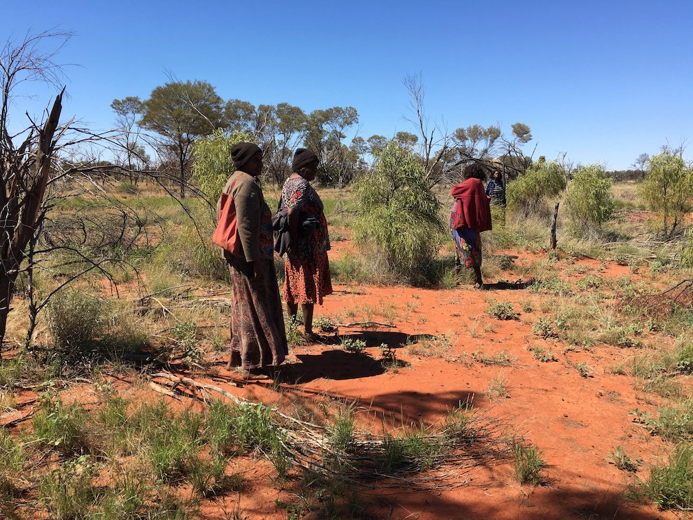 Four Indigenous women stand on Country near Ampilatwatja, a remote Indigenous community located approximately 325 km northeast of Alice Springs. The dirt is red and they are surrounded by grasses and trees and a blue sky.