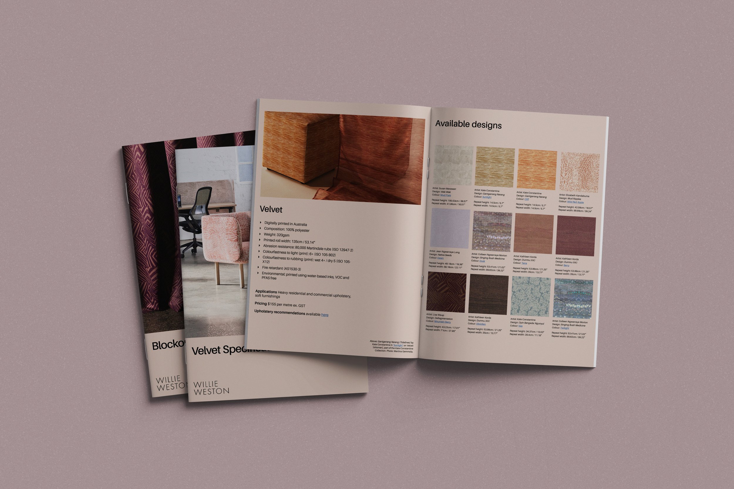 An example of Willie Weston's hard copy specification and installation guides, with one document open to a spread on the Velvet collection .
