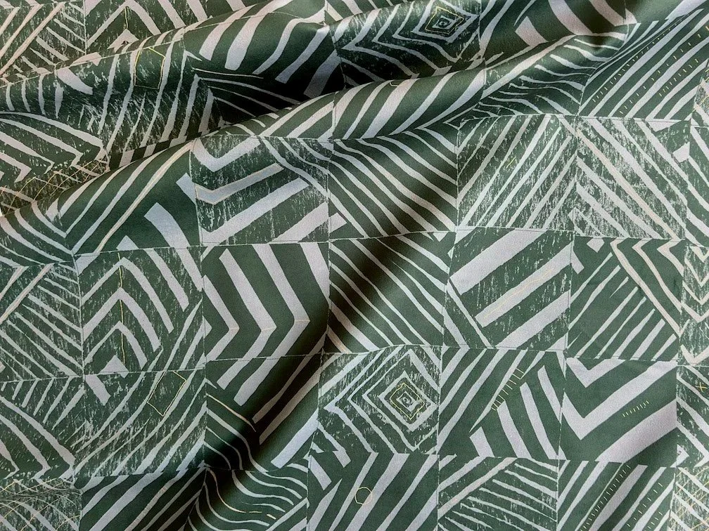 Willie Weston Defragmentation ‘Lichen' design for upholstery, featuring bold geometric artwork by First Nations artist Lisa Waup from Naarm (Melbourne).