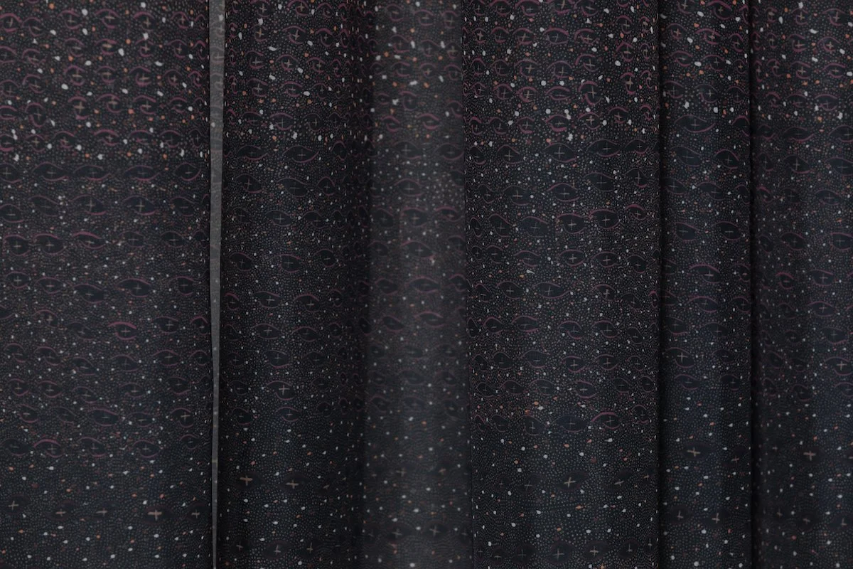 Willie Weston Durrmu (KK) ‘Obsidian' design for drapery, featuring delicately patterned contemporary Aboriginal artwork by First Nations artist Kathleen Korda from Peppimenarti, NT.