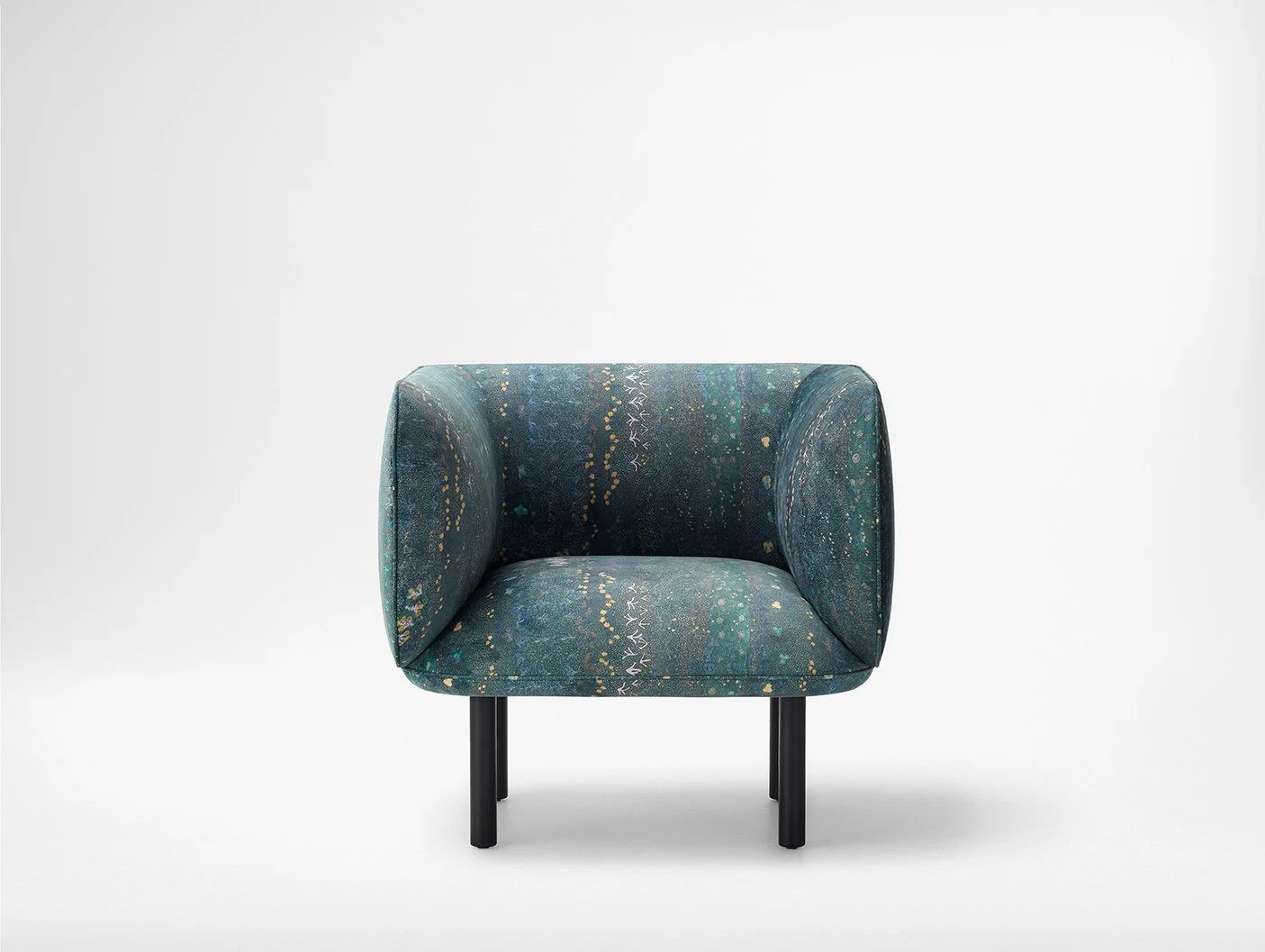 Armchair upholstered in Willie Weston Singing Bush Medicine ‘Night Sky' design, a contemporary floral artwork by First Nations artist Colleen Ngwarraye Morton from Ampilatwatja, NT.