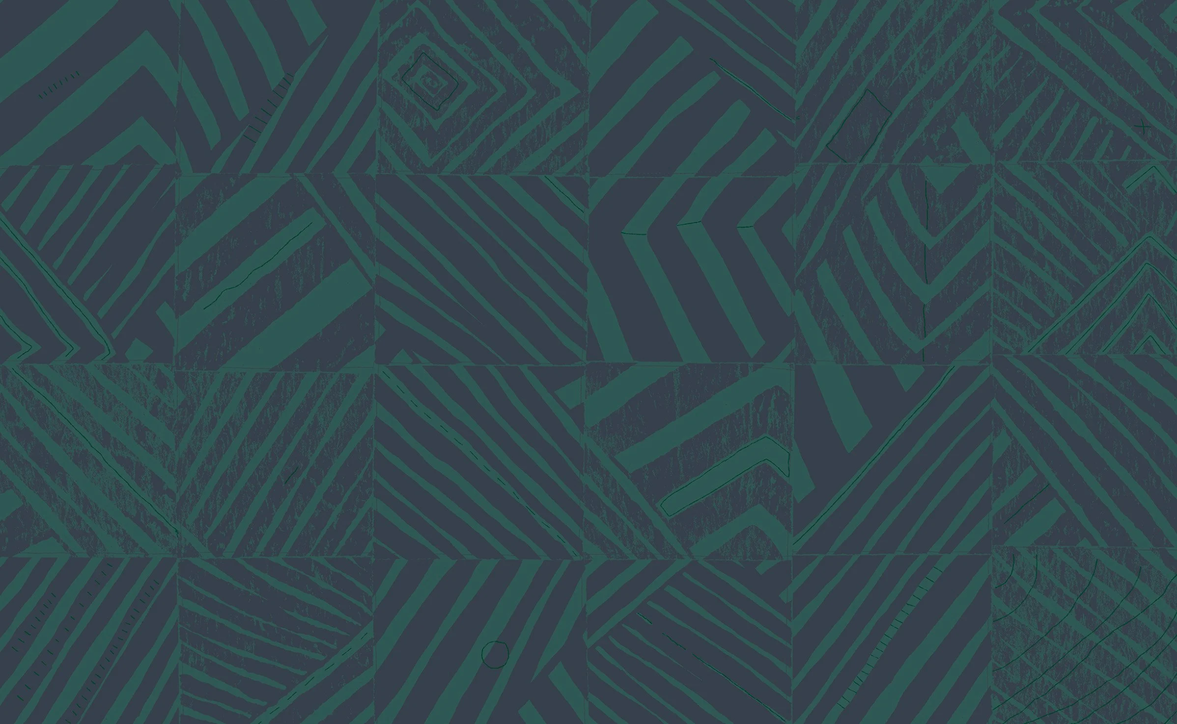 The custom colourway geometric pattern, titled 'defragmentation' in dark navy and green