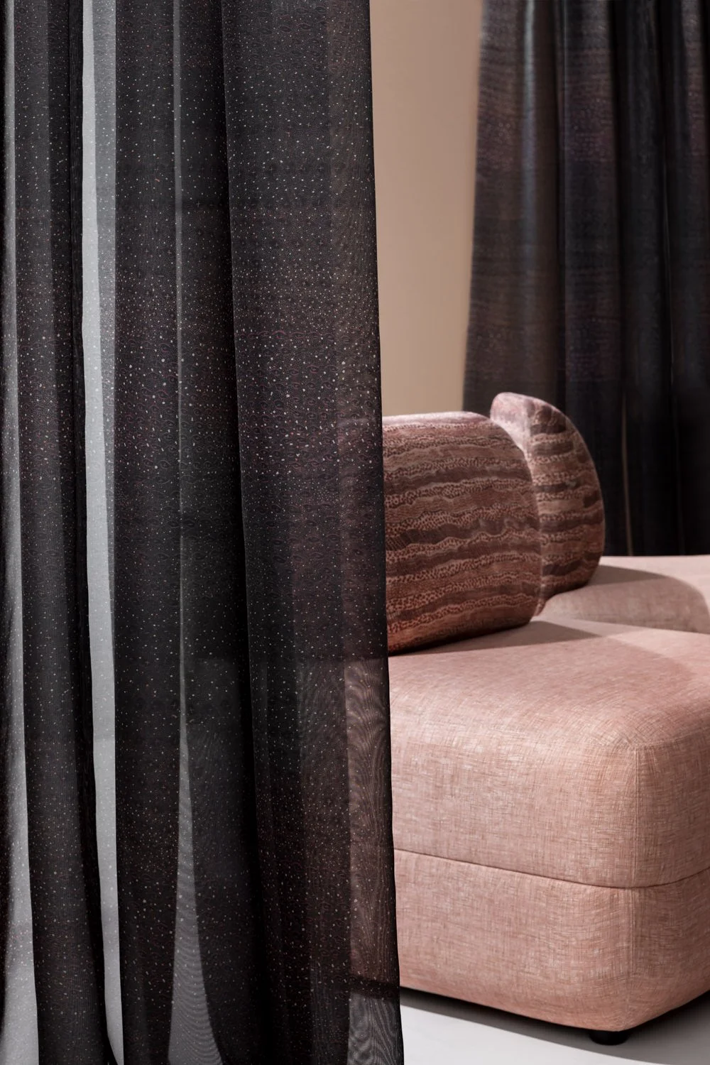 Willie Weston Durrmu (KK) ‘Obsidian' design for drapery, featuring delicately patterned contemporary Aboriginal artwork by First Nations artist Kathleen Korda from Peppimenarti, NT.