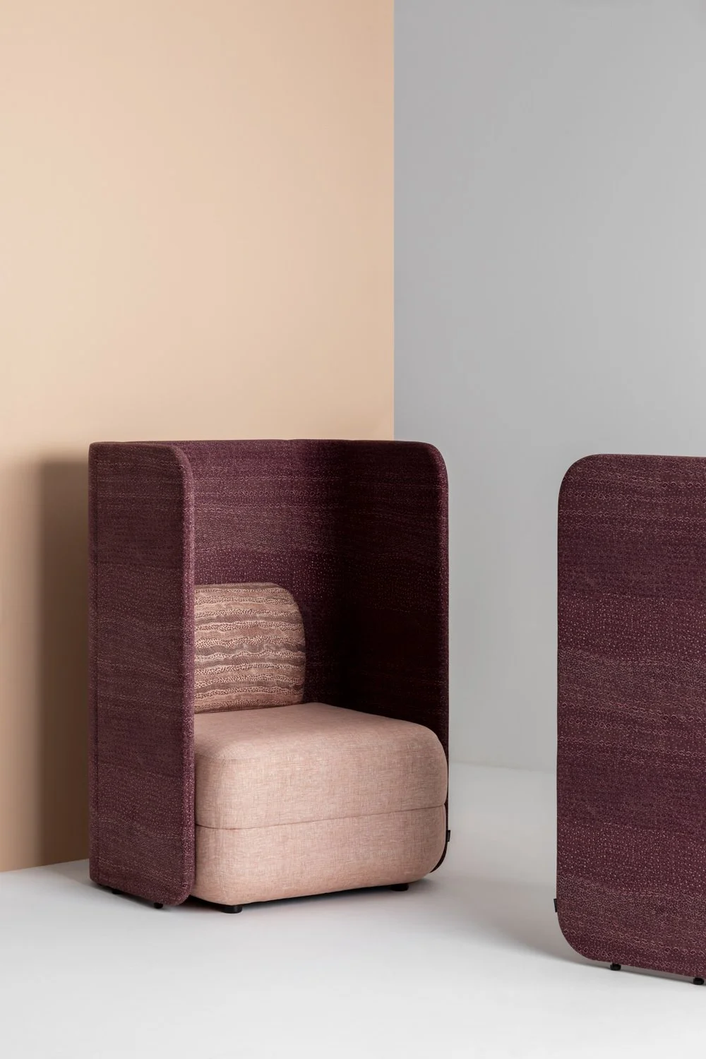 Booth seat upholstered in Willie Weston designs including Durrmu (LB) 'Geo', a delicately patterned contemporary Aboriginal artwork by First Nations artist Leanne Black from Peppimenarti, NT.