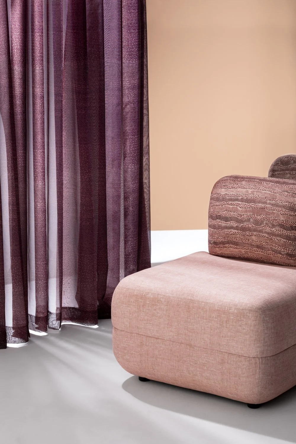 Armchair upholstered in Willie Weston designs including Durrmu (LB) ‘Geo', a delicately patterned contemporary Aboriginal artwork by First Nations artist Leanne Black from Peppimenarti, NT.