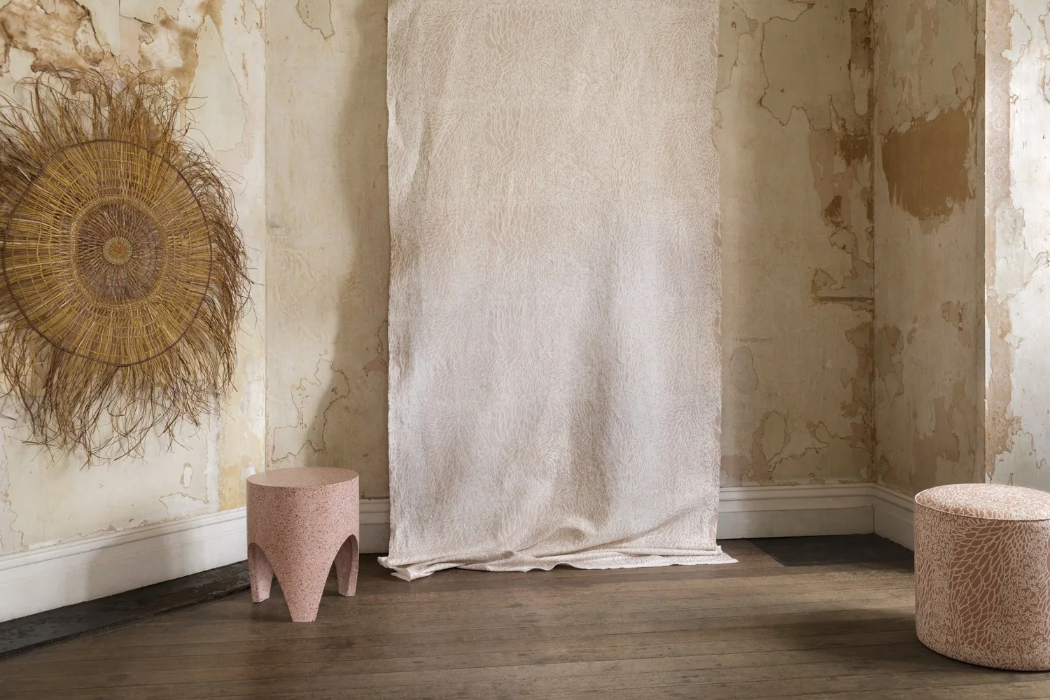 Hanging fabric featuring Willie Weston Mud Ripples 'Bush Onion', a delicately patterned contemporary Aboriginal artwork by First Nations artist Elizabeth Kandabuma.