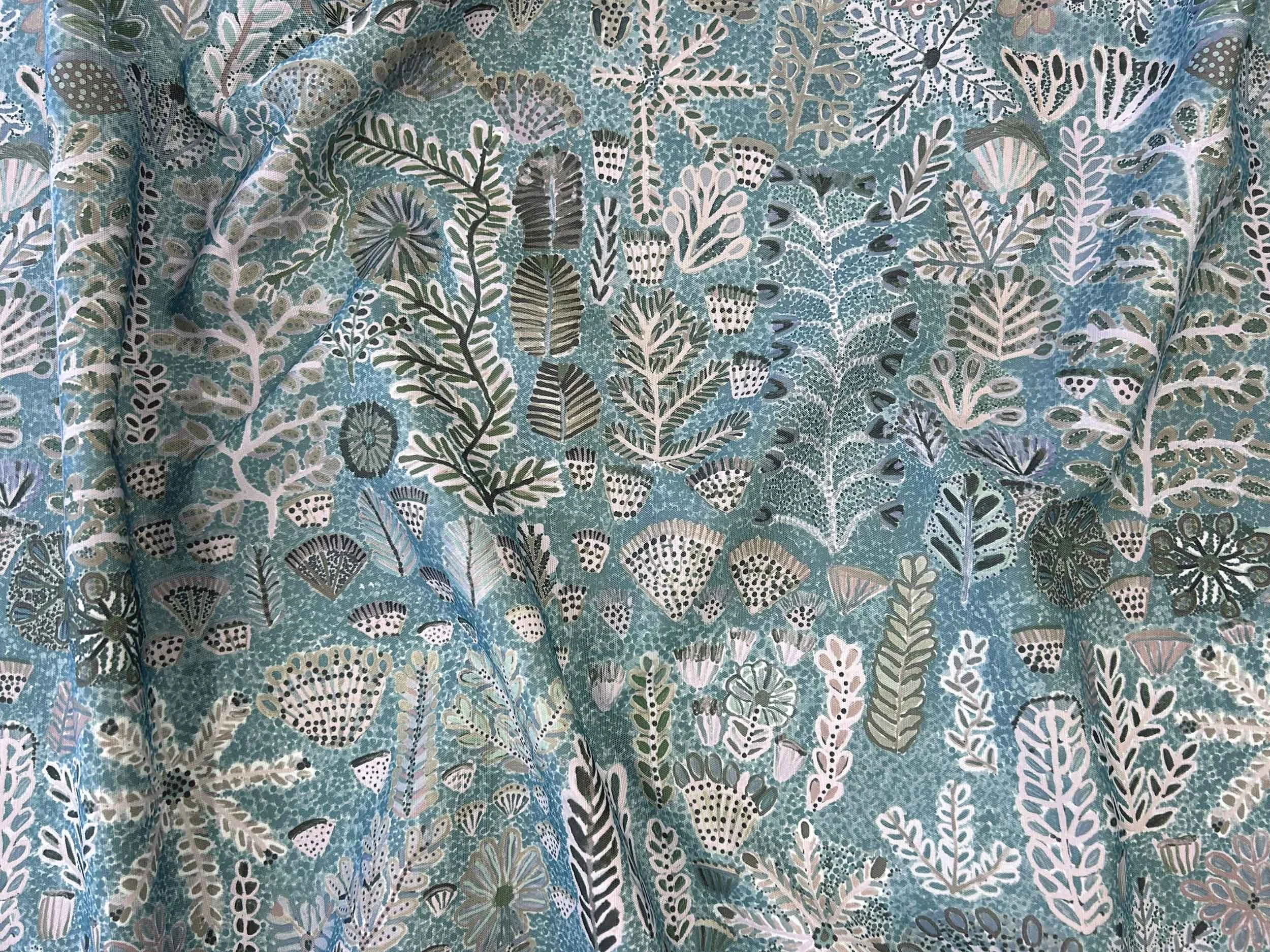 Willie Weston Sugarbag Dreaming ‘Saltbush’ design for upholstery, featuring bold floral artwork by First Nations artist Rosie Ngwarraye Ross from Ampilatwatja, NT.