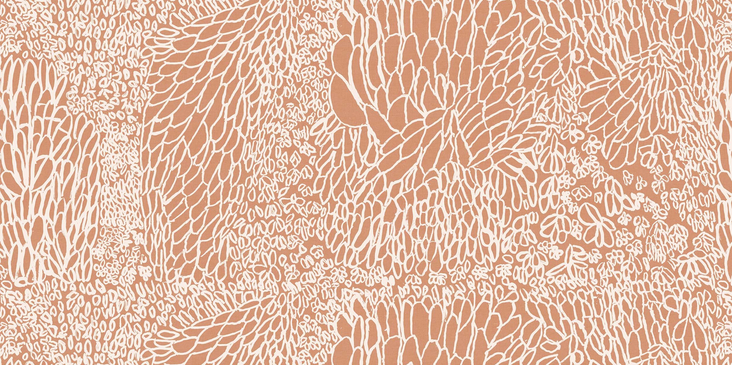 Willie Weston Mud Ripples 'Wild Red Apple' design for upholstery, featuring delicately patterned contemporary Aboriginal artwork by First Nations artist Elizabeth Kandabuma.