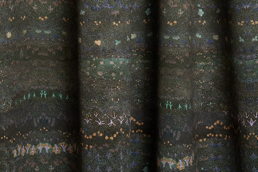 Willie Weston Singing Bush Medicine ‘Night Sky' design for drapery, featuring a contemporary floral artwork by First Nations artist Colleen Ngwarraye Morton from Ampilatwatja, NT.
