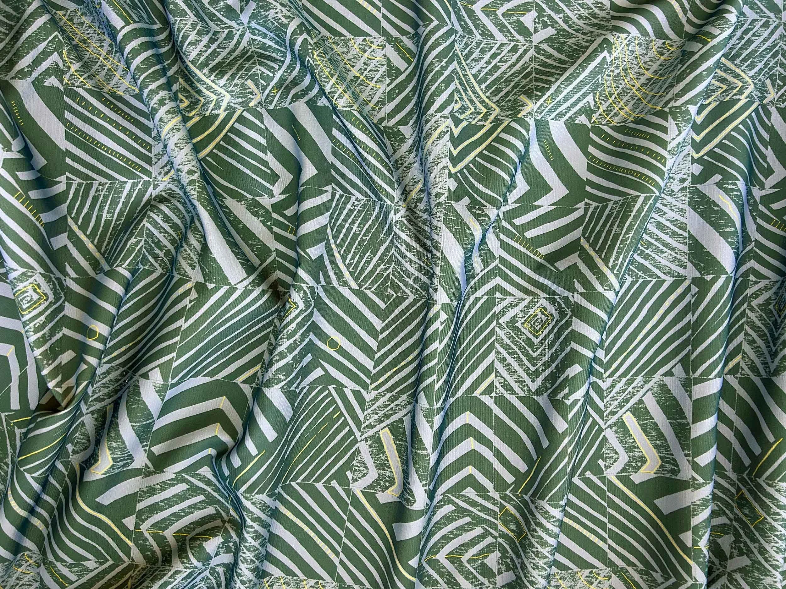 Willie Weston Defragmentation ‘Lichen' design for upholstery, featuring bold geometric artwork by First Nations artist Lisa Waup from Naarm (Melbourne).