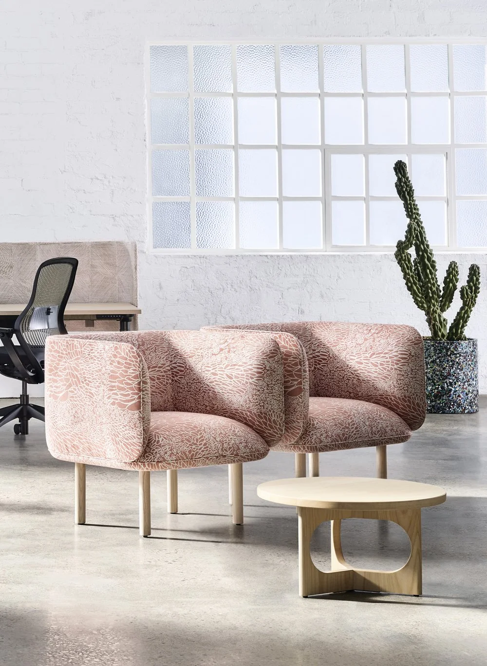 Armchairs upholstered in Willie Weston Mud Ripples 'Wild Red Apple' design, a delicately patterned contemporary Aboriginal artwork by First Nations artist Elizabeth Kandabuma.