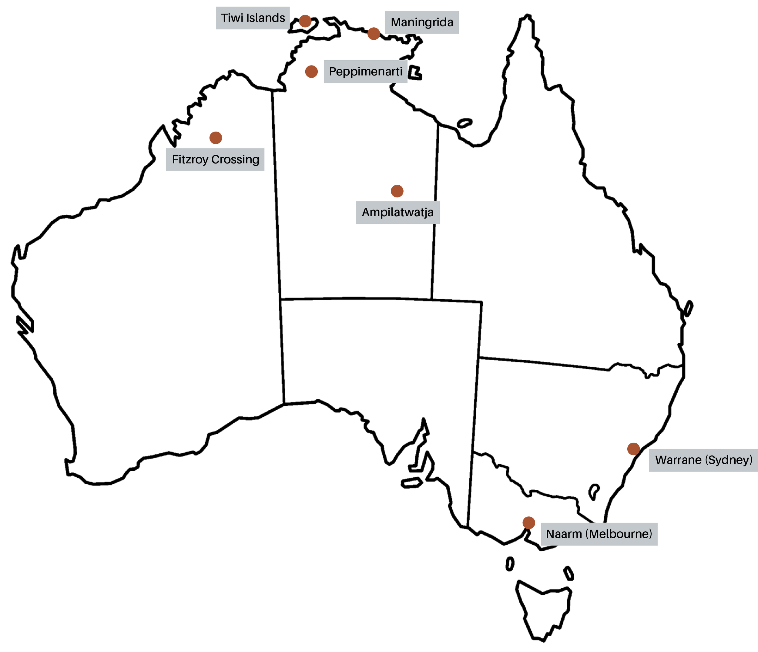 Map of Australia, showing a number of cities and small communities.