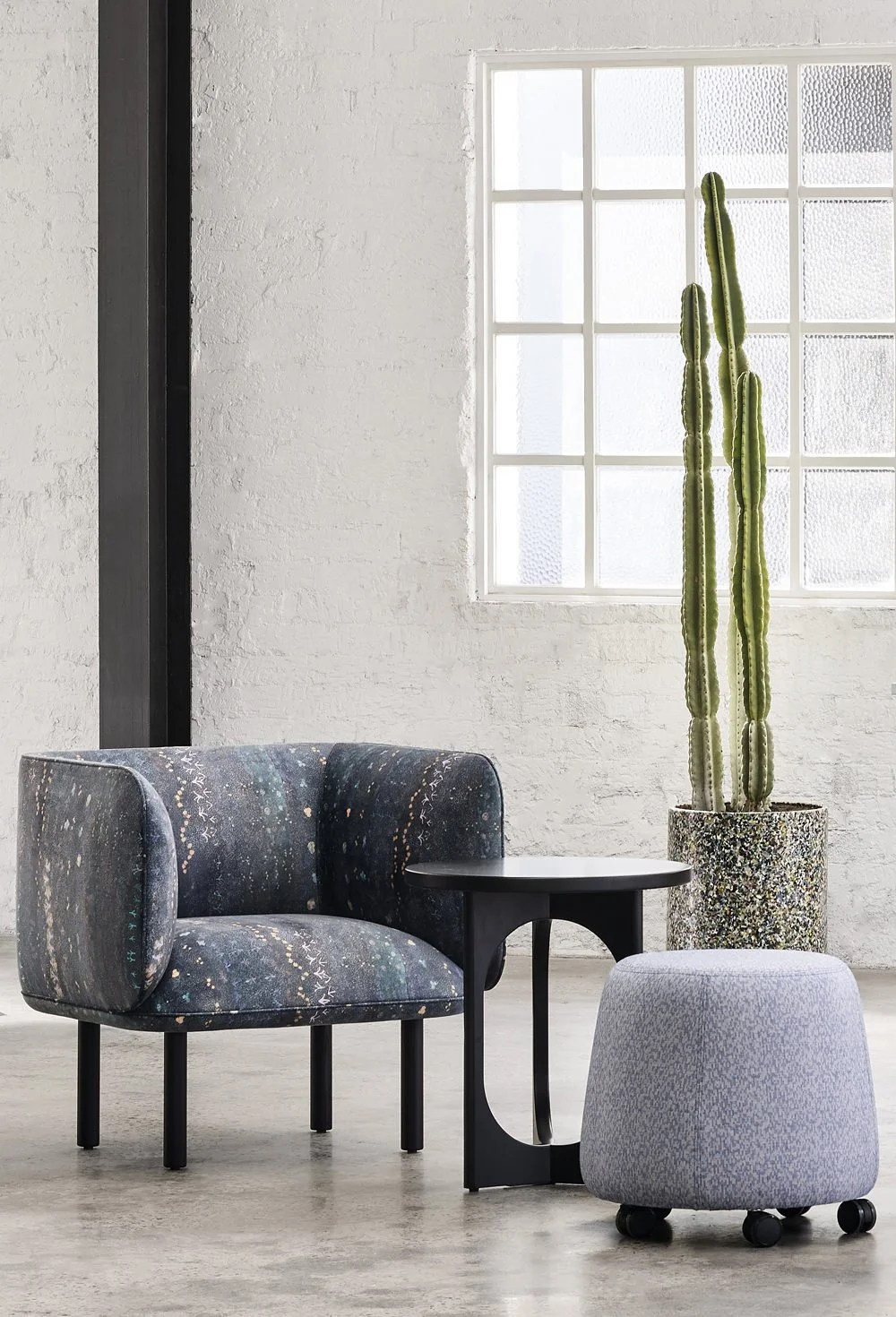 Interior view of a modern office space showing upholstered low chair with First Nations design on fabric in blue, a black coffee table, low round ottoman, in front of planter pot with tall cactus plant and white wall with windows, concrete floor