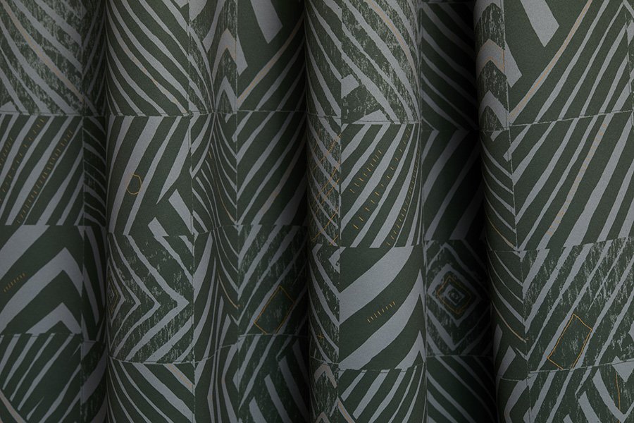 Willie Weston Defragmentation ‘Lichen' design for drapery, featuring bold geometric artwork by First Nations artist Lisa Waup from Naarm (Melbourne).