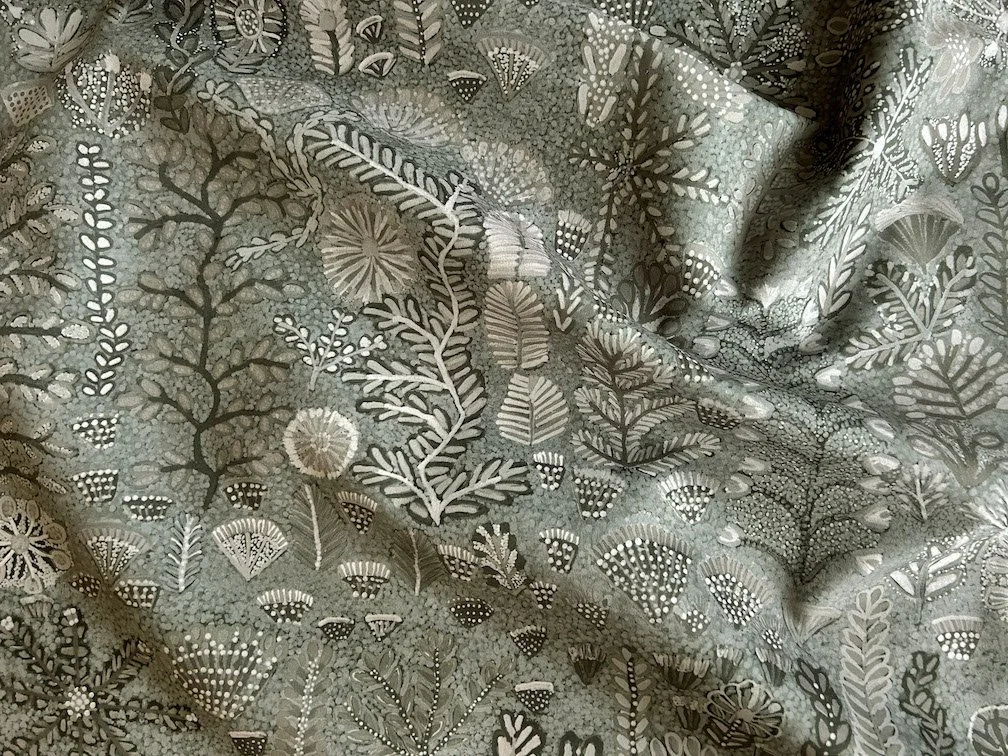 Willie Weston Sugarbag Dreaming ‘Ghost Gum’ design for upholstery, featuring bold floral artwork by First Nations artist Rosie Ngwarraye Ross from Ampilatwatja, NT.