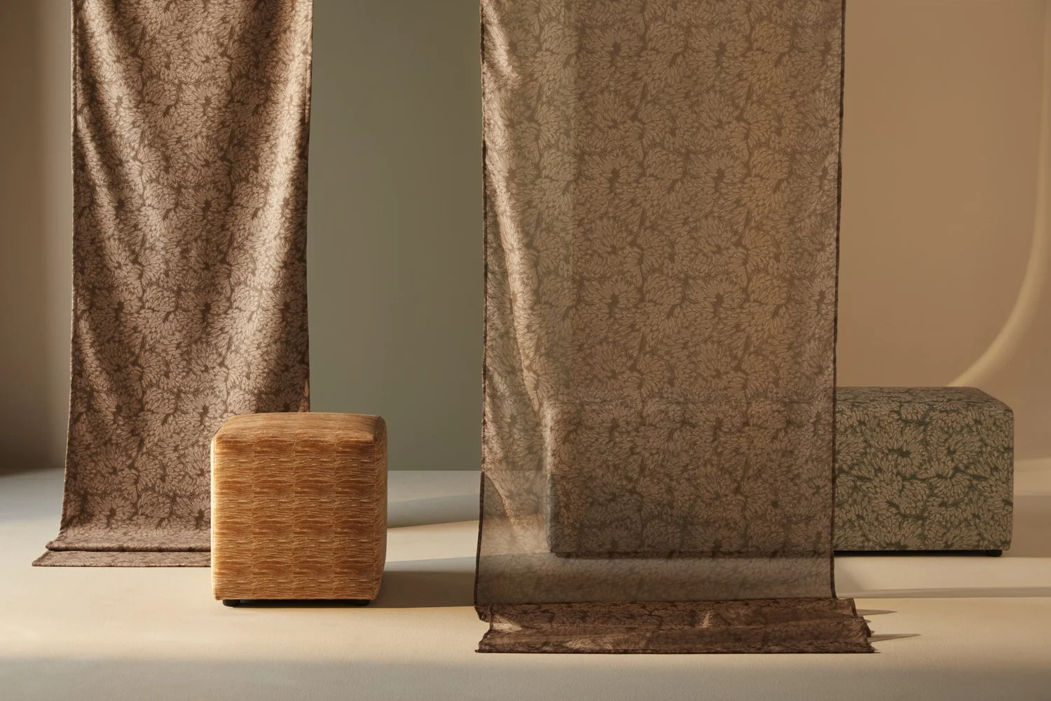 Ottoman upholstered in Willie Weston Garrigarrang Narang (Tidelines) 'Sunlight' design, featuring contemporary Aboriginal artwork by Gadigal First Nations artist Kate Constantine.