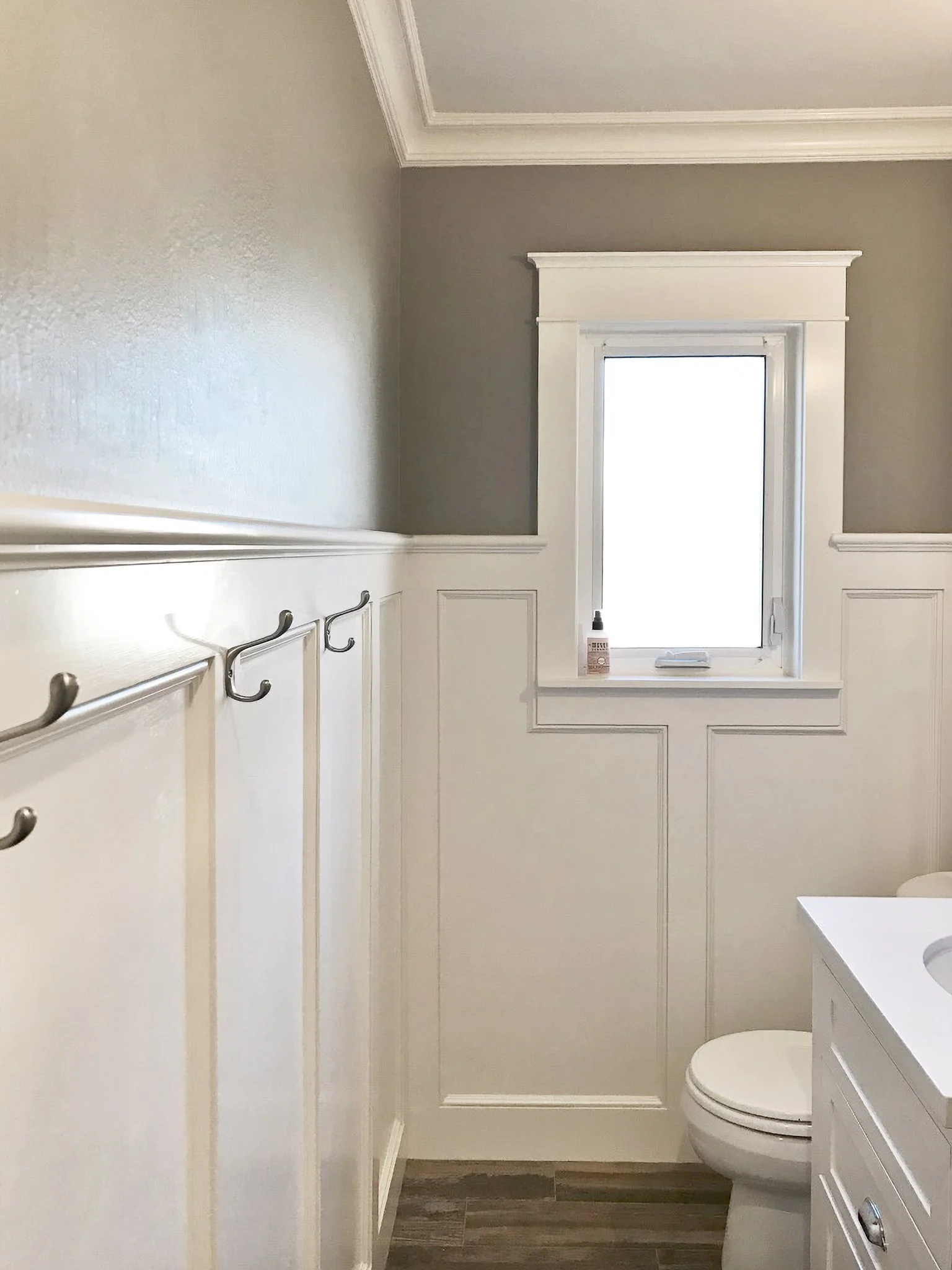 Wainscoting detail brought transitional style to this small galley guest bath.  The contrast of paint colors and clean lines felt ordered and elegant.