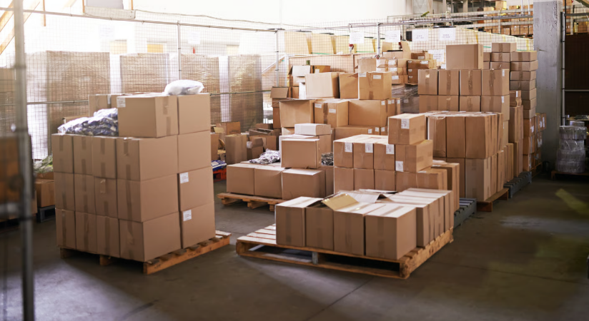 Warehouse with numerous stacked cardboard boxes and pallets in storage area.
