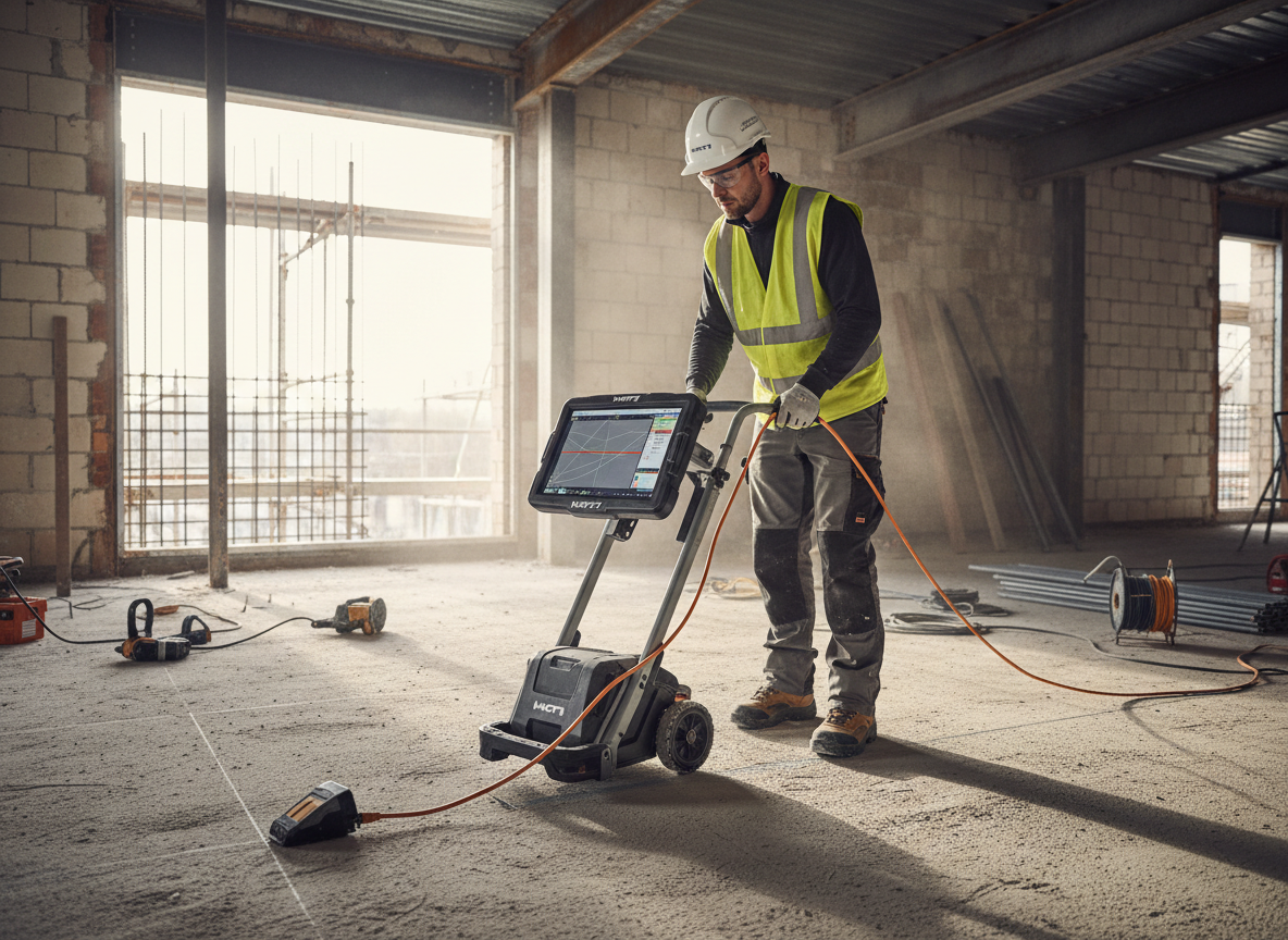 A construction worker in a yellow safety vest and hard hat operating a surface scanner on a concrete floor inside a building under construction.