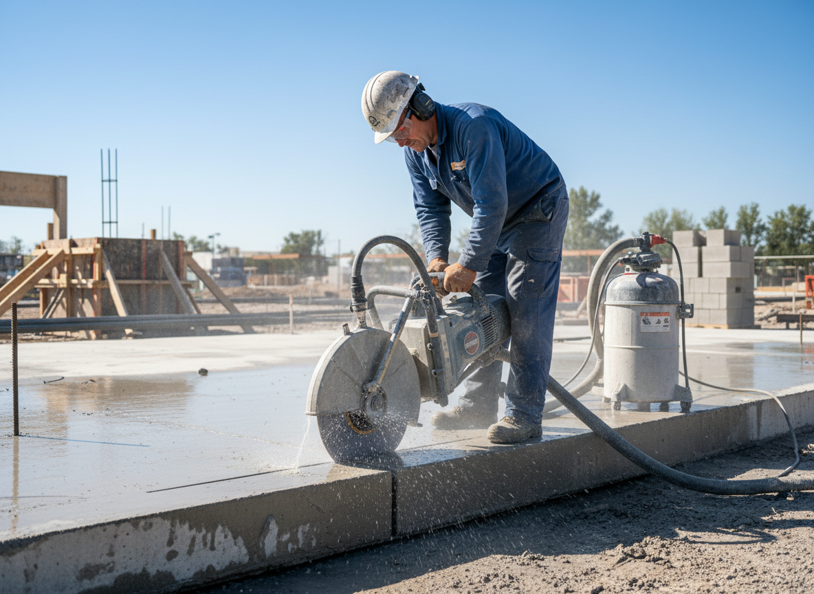 A construction worker wearing a helmet and ear protection cuts concrete with a large cut-off saw on a construction site under a clear blue sky.