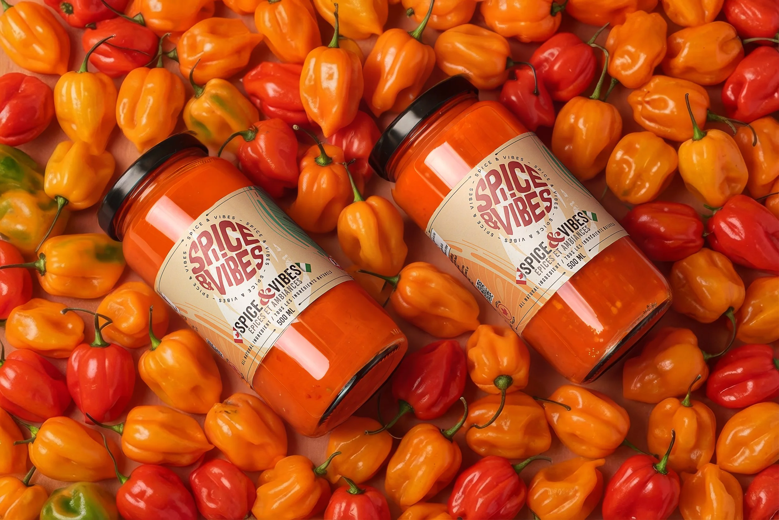 African pepper sauce jars surrounded by fresh habanero peppers, showcasing bold, authentic Nigerian flavour