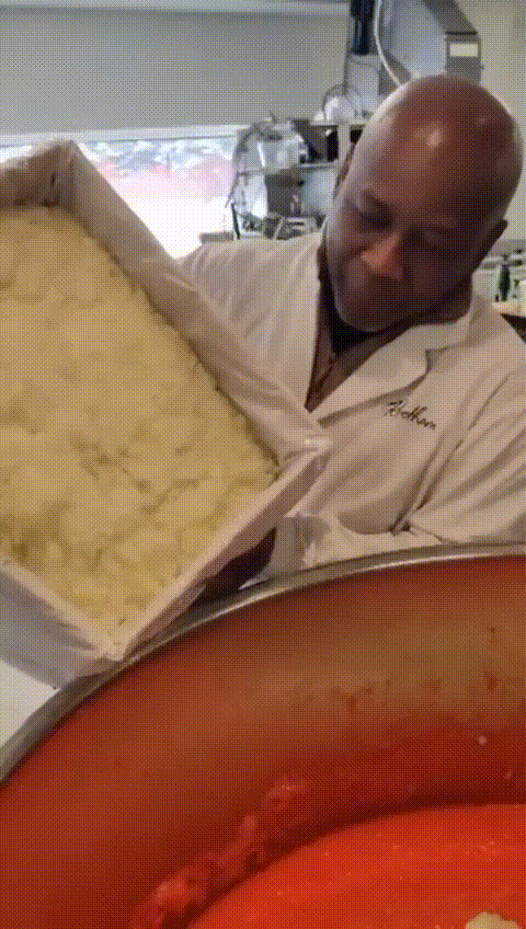 Onions being poured into a rich tomato and pepper blend during the preparation of authentic Nigerian pepper sauce