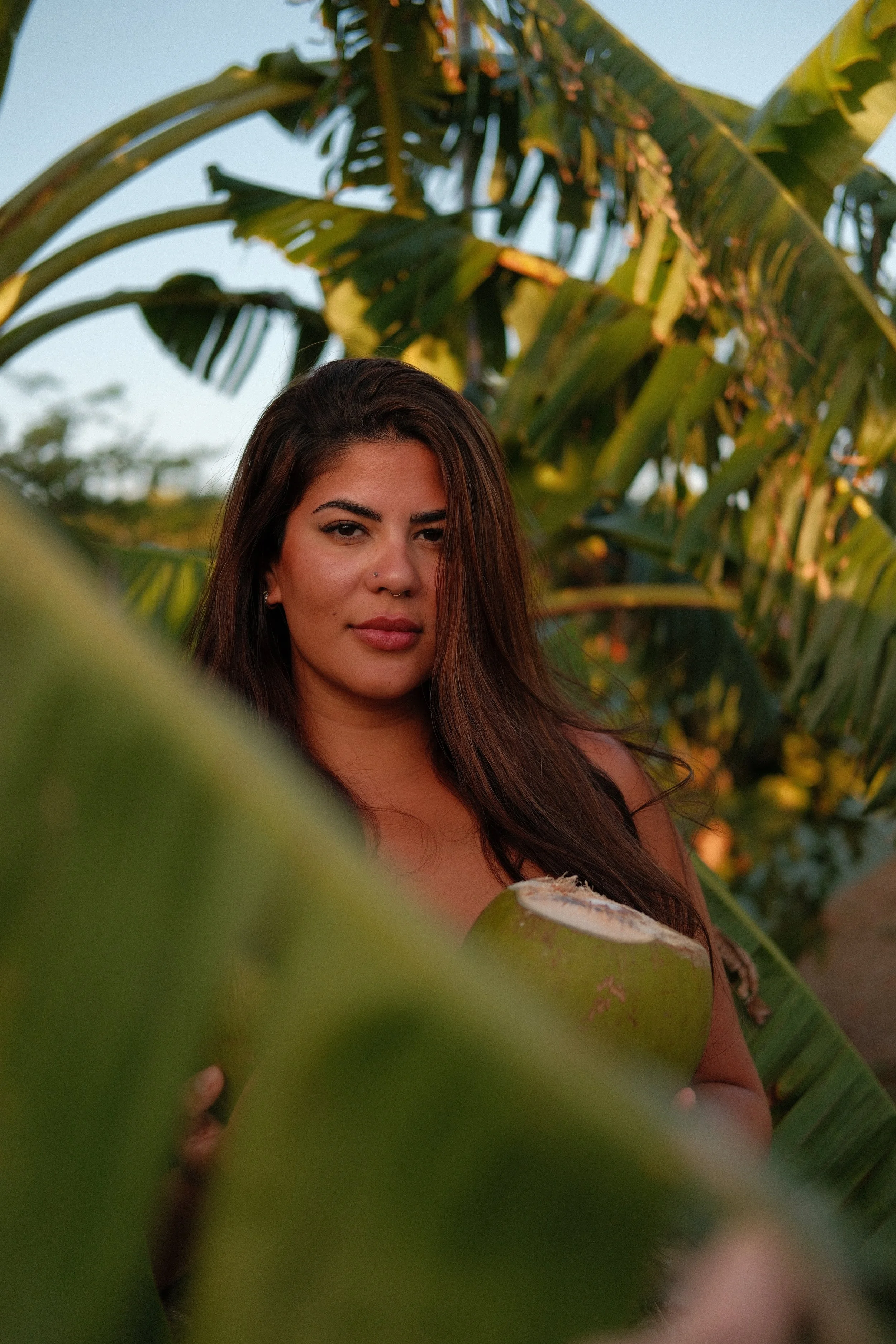 A woman with long brown hair and a nose piercing holding a green coconut, standing among banana trees during sunset.