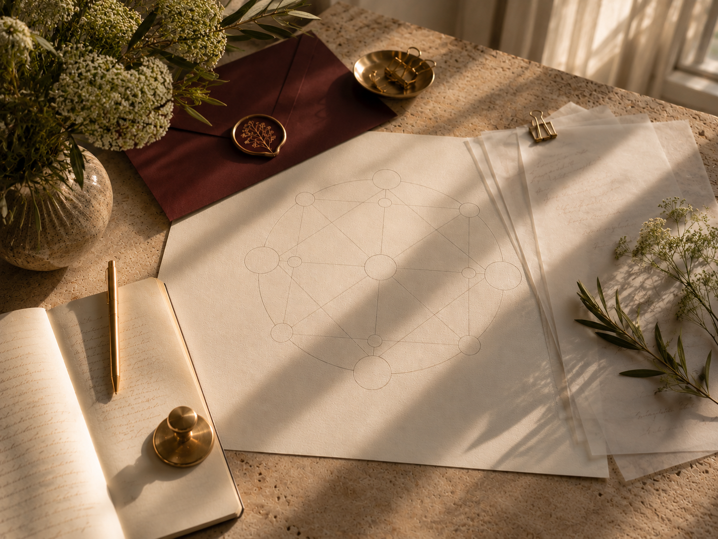 A desk with a notebook, a pen, a large sheet of paper with a network diagram, dried flowers, a vase of white flowers, and decorative gold paper clips and binder clips, under warm sunlight.