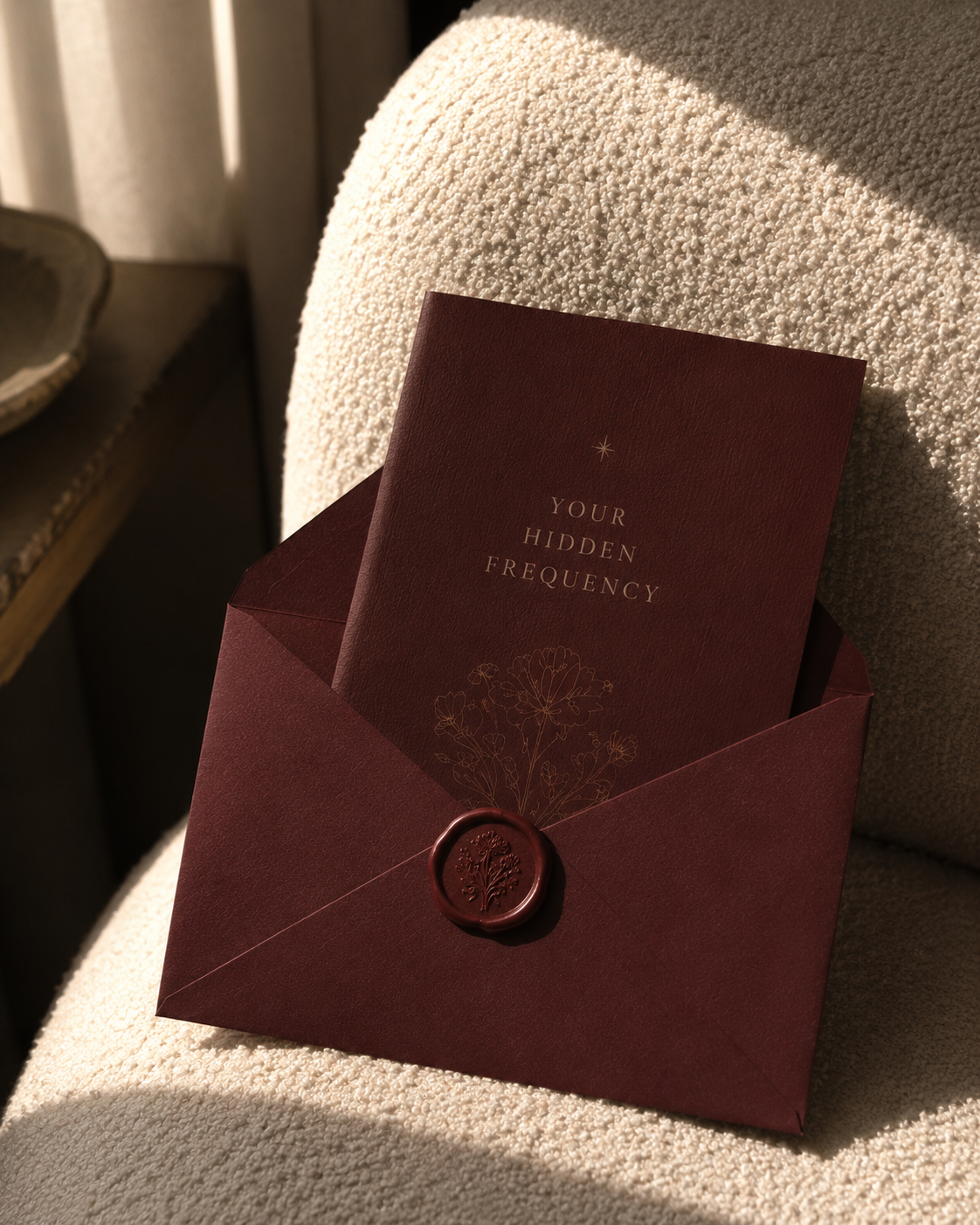 A maroon envelope with a wax seal and a card that reads "Your Hidden Frequency" resting on a textured white fabric surface.