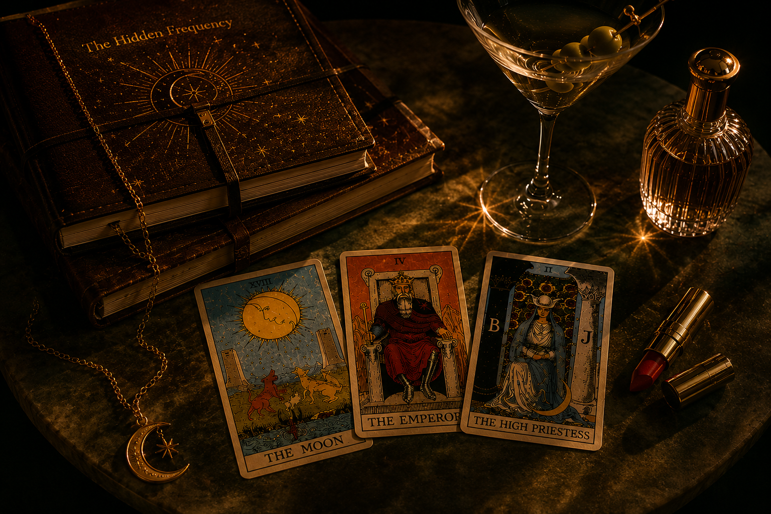 A tarot reading setup with spiritual items. There are three tarot cards placed on a dark surface: The Moon, The Emperor, and The High Priestess. A gold necklace with a crescent moon and star pendant is draped nearby. A large leather-bound book titled "The Hidden Frequency" is in the background. There is a martini glass with green olives, a gold bottle of perfume, and two lipstick tubes on the table. The scene is illuminated with warm lighting.