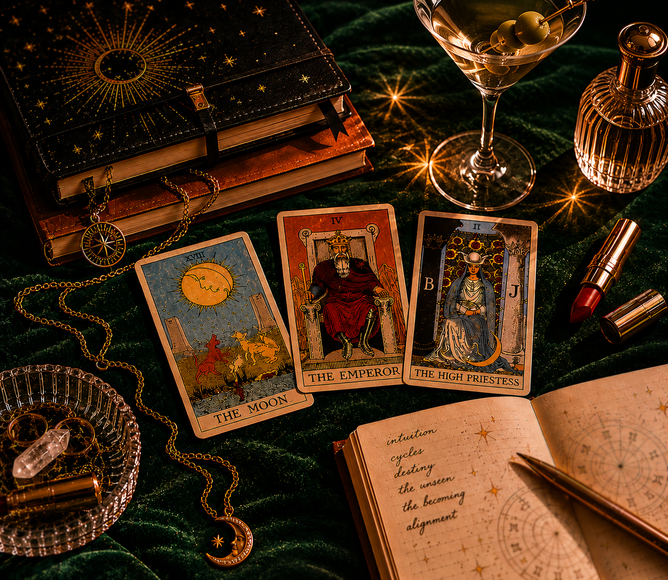 Tarot cards, a notebook with astrology notes, a pen, a glass of drink, lipstick, perfume, jewelry including a necklace and earrings, and tarot-related items on a green velvet cloth, with a dark background.