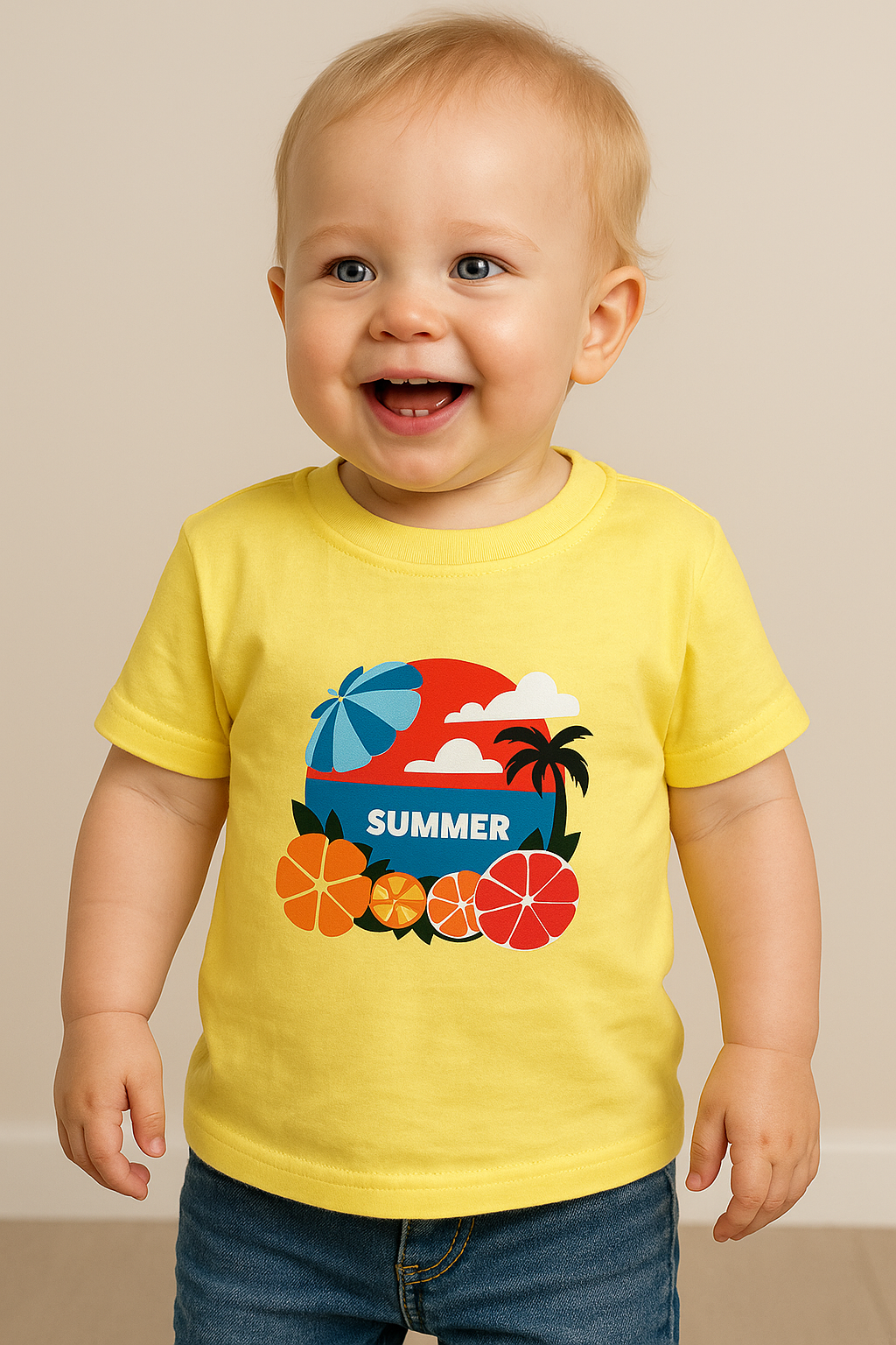Bright. Playful. Unforgettable.

Our “Summer” Toddler Tee is the ultimate warm-weather must-have. Featuring a vibrant beach-inspired graphic with citrus slices, palm trees, sunshine, and bold colors, this tee brings instant joy to your little one’s w