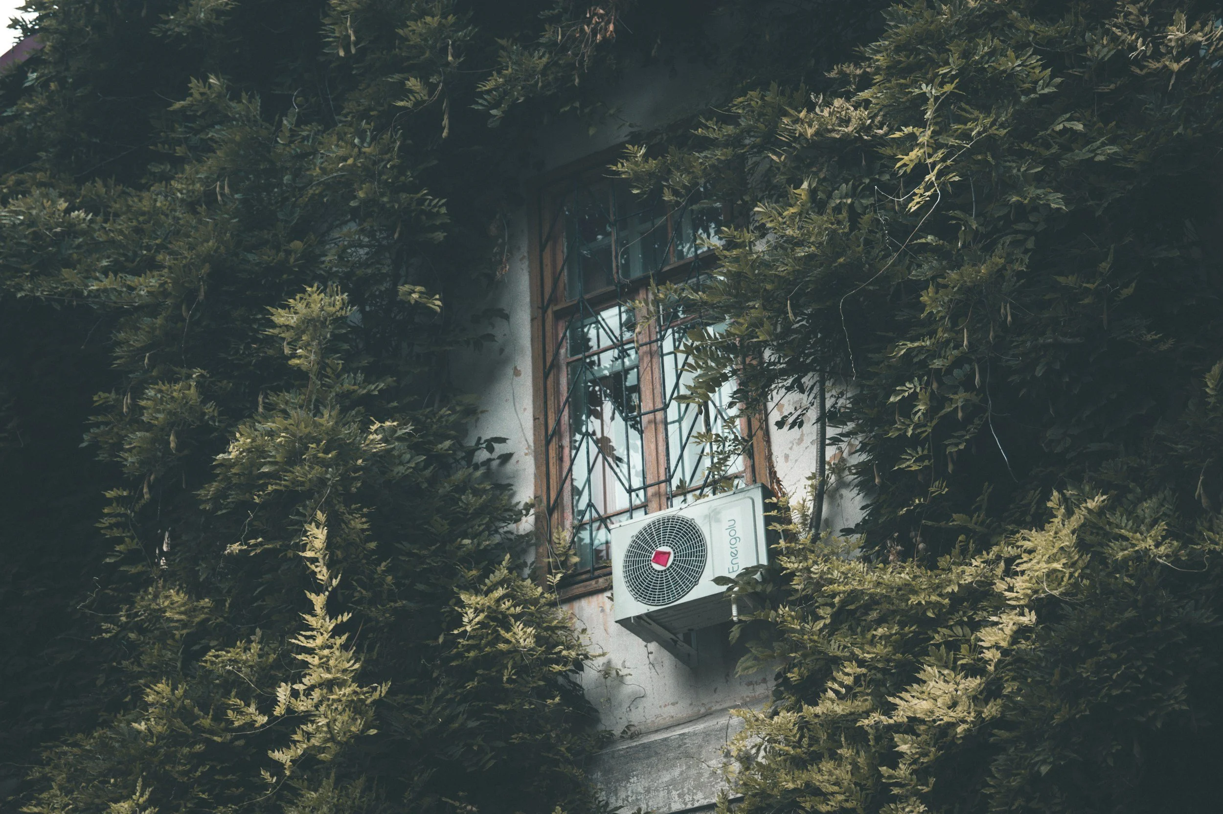 Upward view of a building with a window that has metal bars, partially obscured by dense green leafy trees, and a white air conditioning unit attached to the wall.