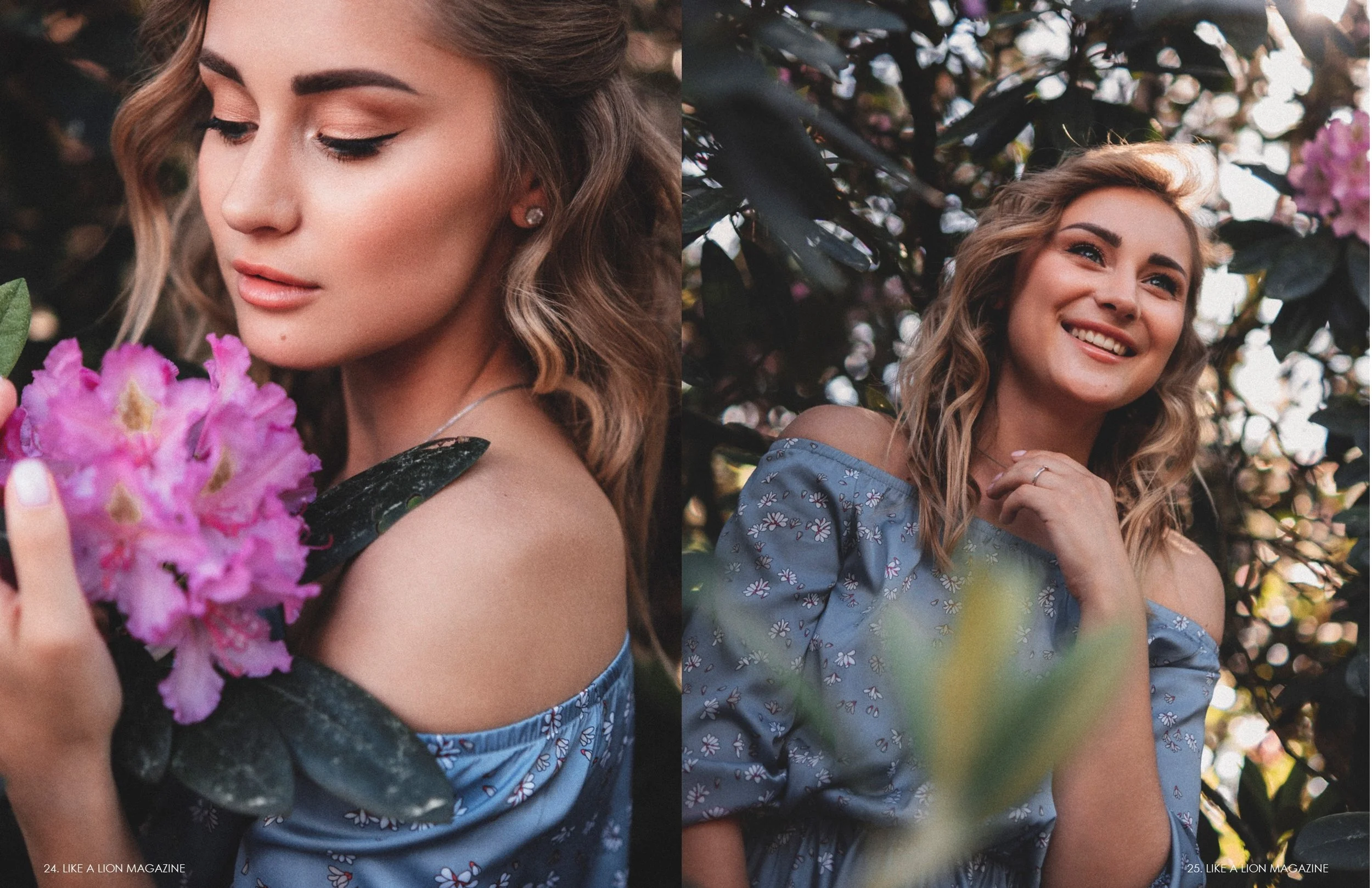 Two photos of a young woman with wavy blonde hair posing outdoors among flowers and foliage. In the left photo, she looks down at pink flowers she holds near her face, wearing an off-the-shoulder blue floral dress and pearl earrings. In the right photo, she smiles at the camera, with her hand near her chin, in the same dress, with a background of pink flowers and dark green leaves.